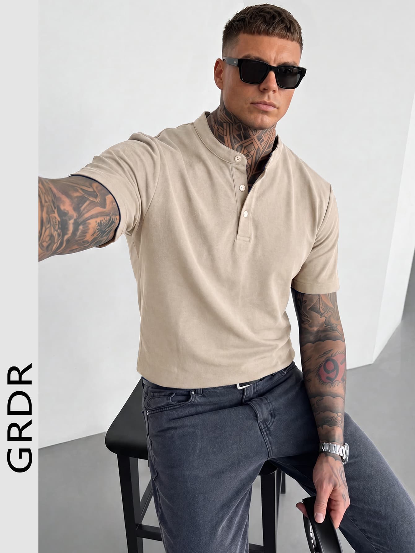 GRDR Stand Collar Button Polo Shirt, Men's New Casual Short Sleeve Top For Summer