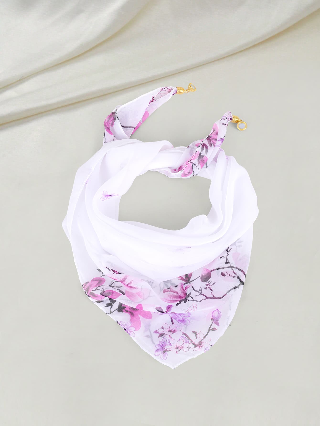 Clariva 1pc Magnetically Clasped Yulan Flower Print Lightweight Faux Silk Scarf, Slouchy Scarf With Magnetic Clasp, Quick Tie Scarf, Thin & Breathable Scarf