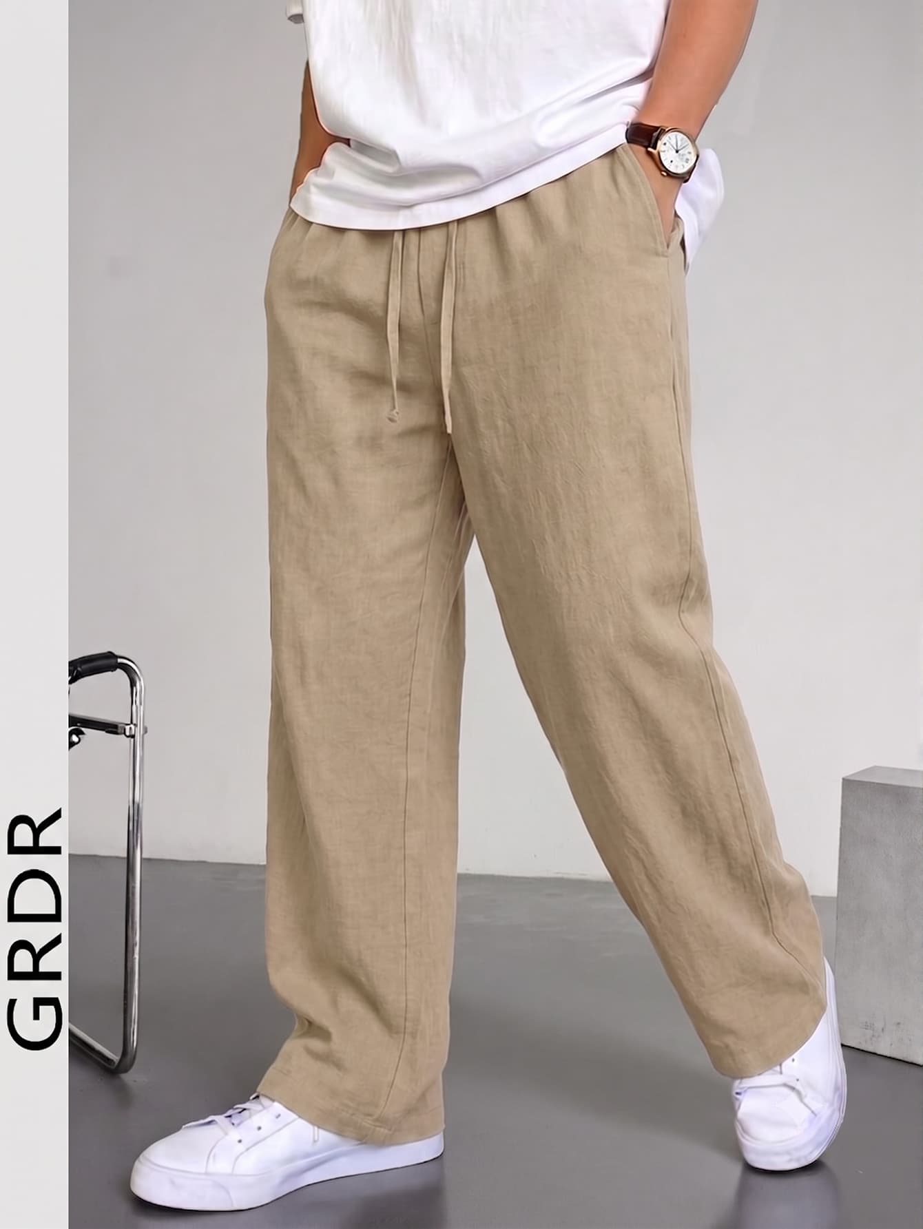 GRDR Army Green Elastic Waist Drawstring Casual Pants Men's Summer Lightweight Breathable Loose Drape Lazy Wide Leg Long Pants