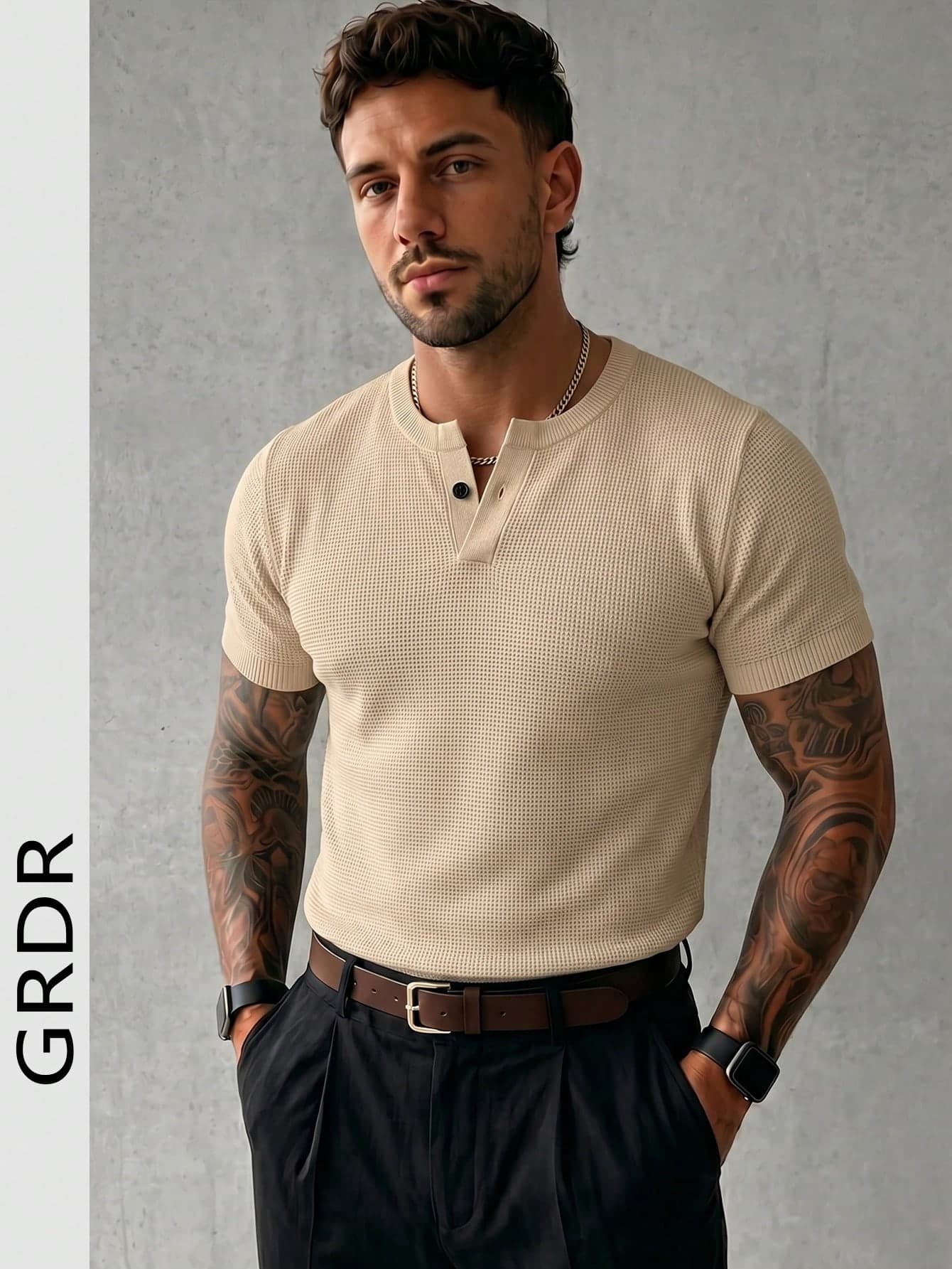 GRDR Men's Summer Ribbed Knit Short Sleeve Shirt, Suitable For Summer Business Gatherings, Simple And Versatile