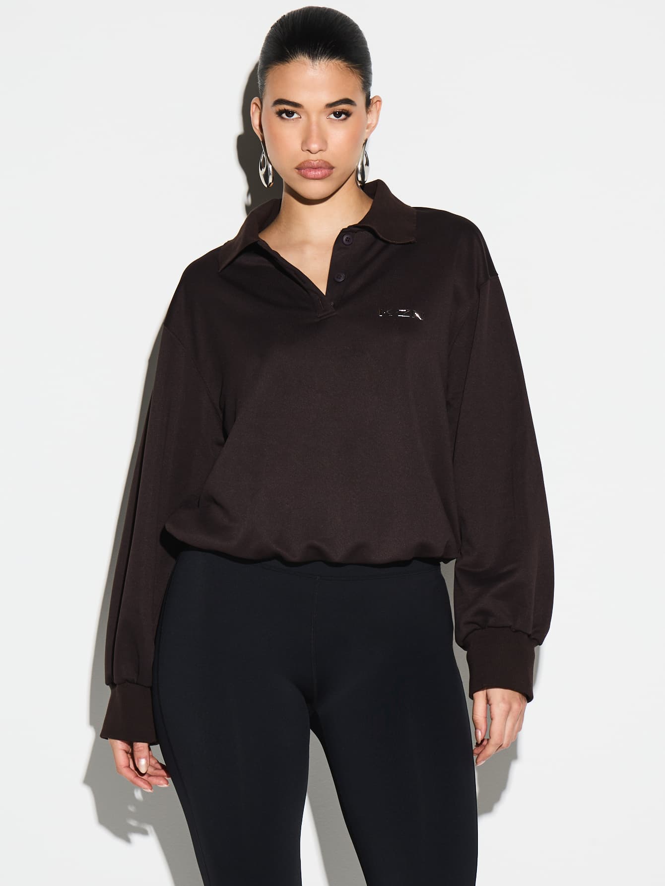 KIZN Collared Pullover Sweatshirt With Button Details Long Sleeve Oversized Casual Top For Fall Winter Layering Everyday Wear