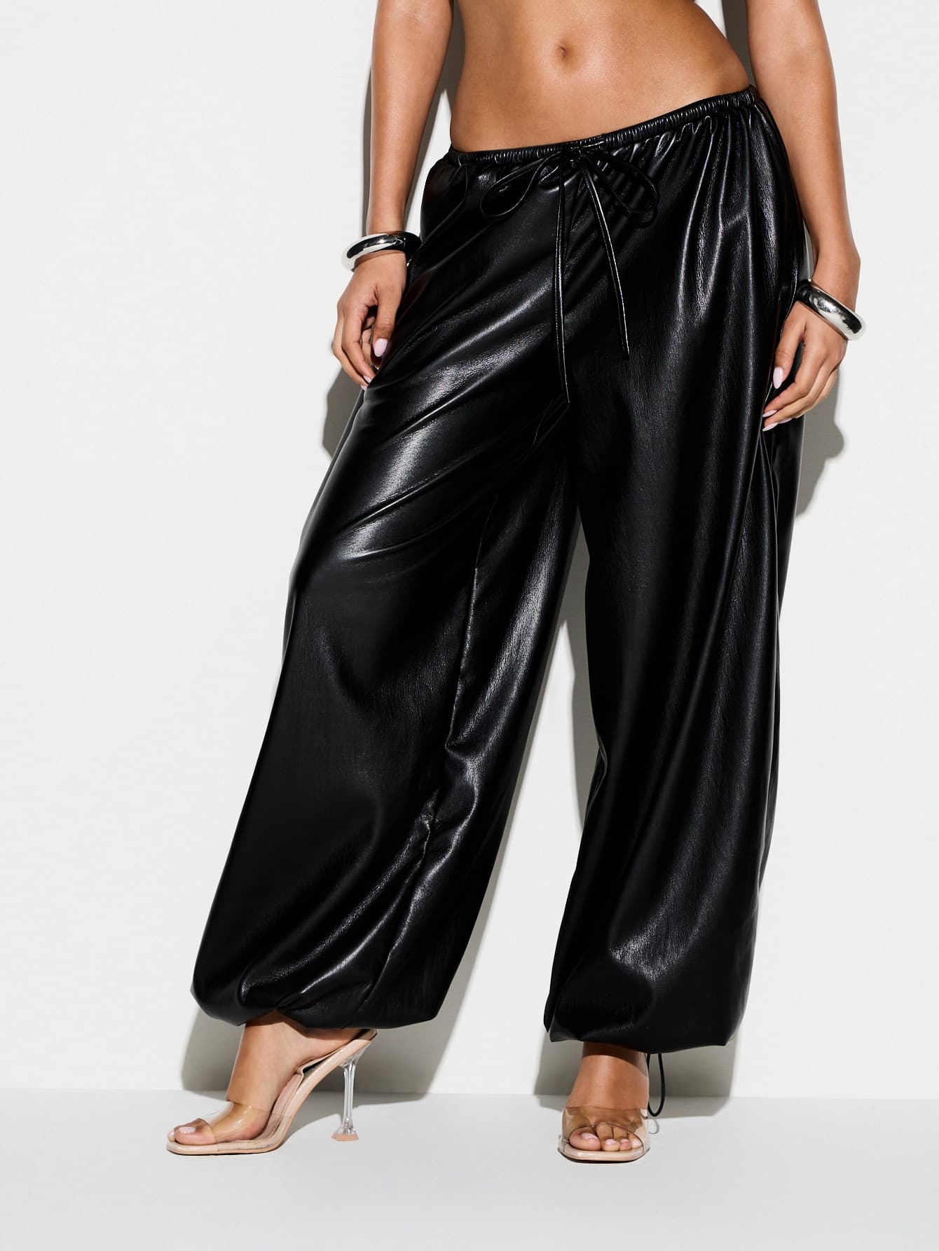 KIZN Women's Black Faux Leather Wide Leg Palazzo Balloon Trousers With Drawstring Waist Elasticated High Rise Casual Pants