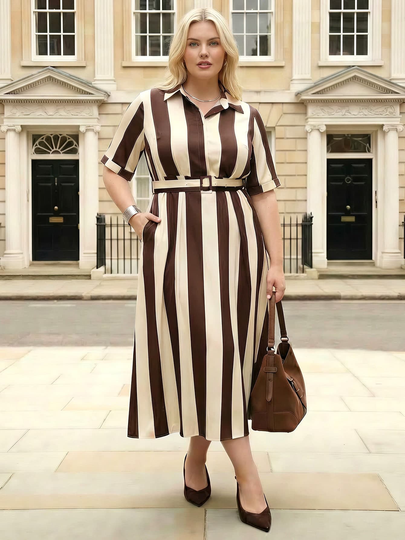 ELLERISSA Curve Elegant Brown Stripe Shirt Dresses,Summer Plus Size Midi Dress With Pintuck Detail,Pocketed Office Outfits,Formal Career Work Wear