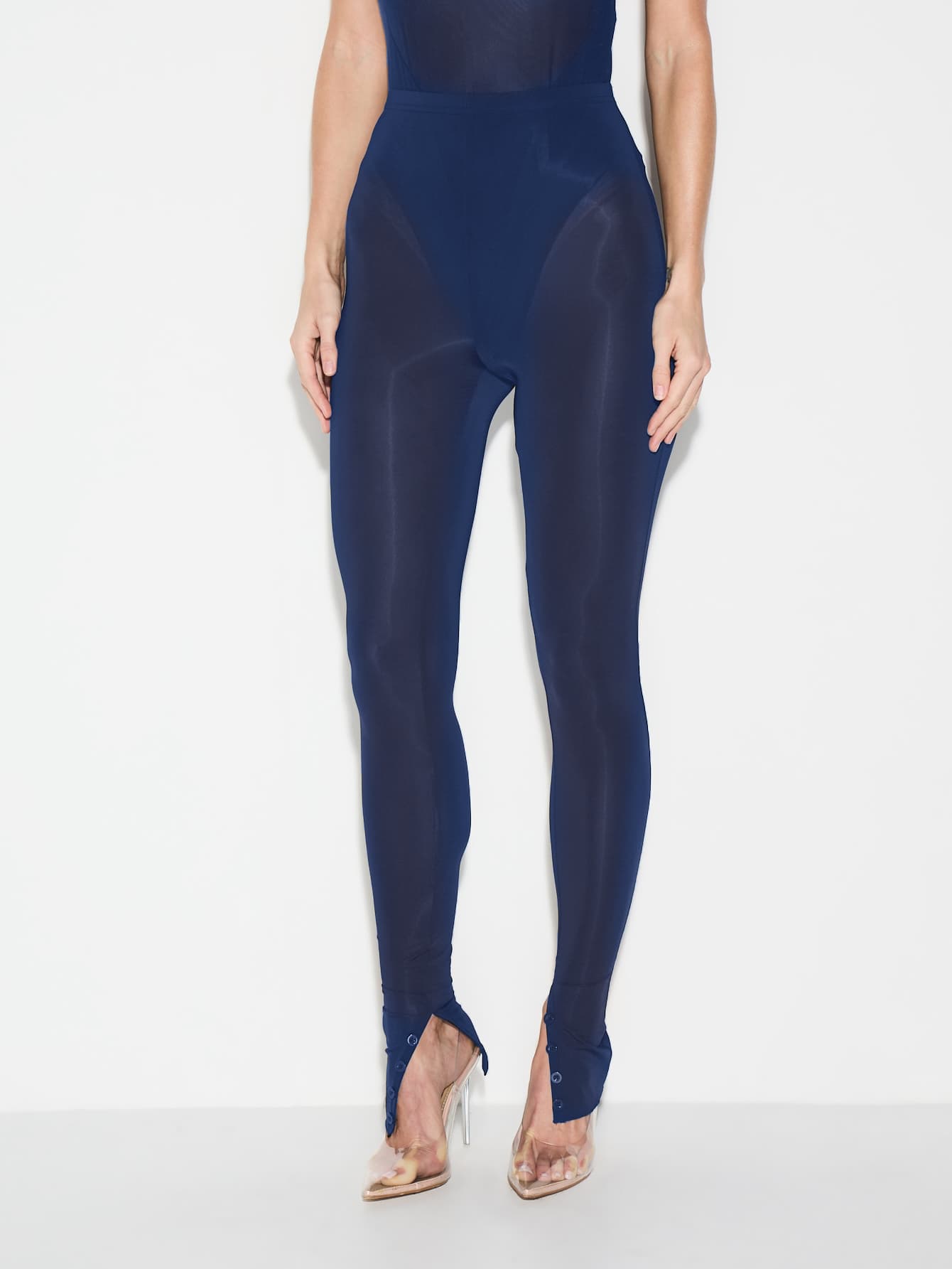 KIZN Women High Waisted Mesh Panel Leggings With Button Detail Navy Blue Semi-Sheer Fitted Stretchy Bottom Pants