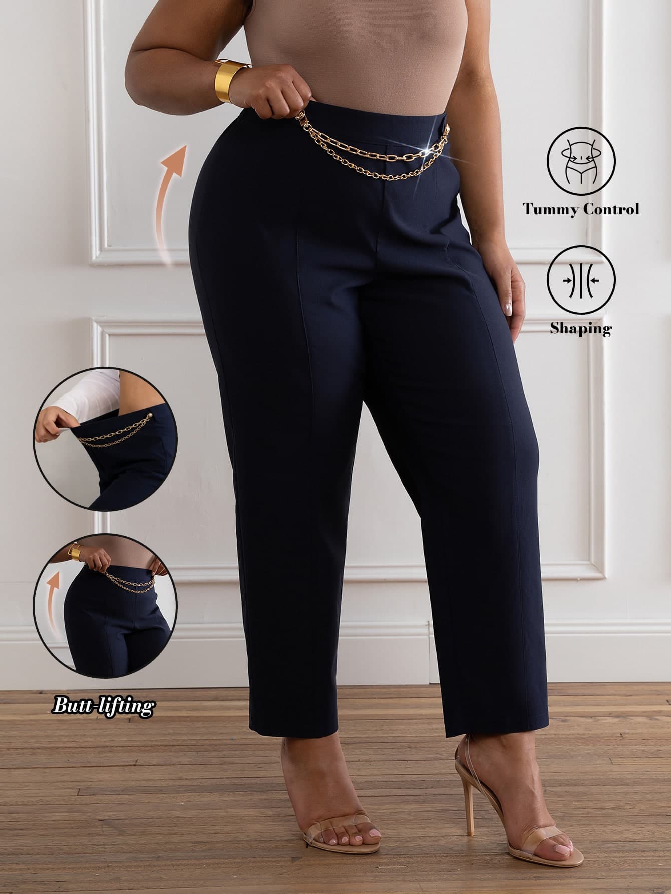 ELLERISSA Curve Elegant High Waisted Trousers With Chain Detail,Navy Blue Straight Leg Dress Pants For Women,Plus Size Everyday Autumn Work Bottoms