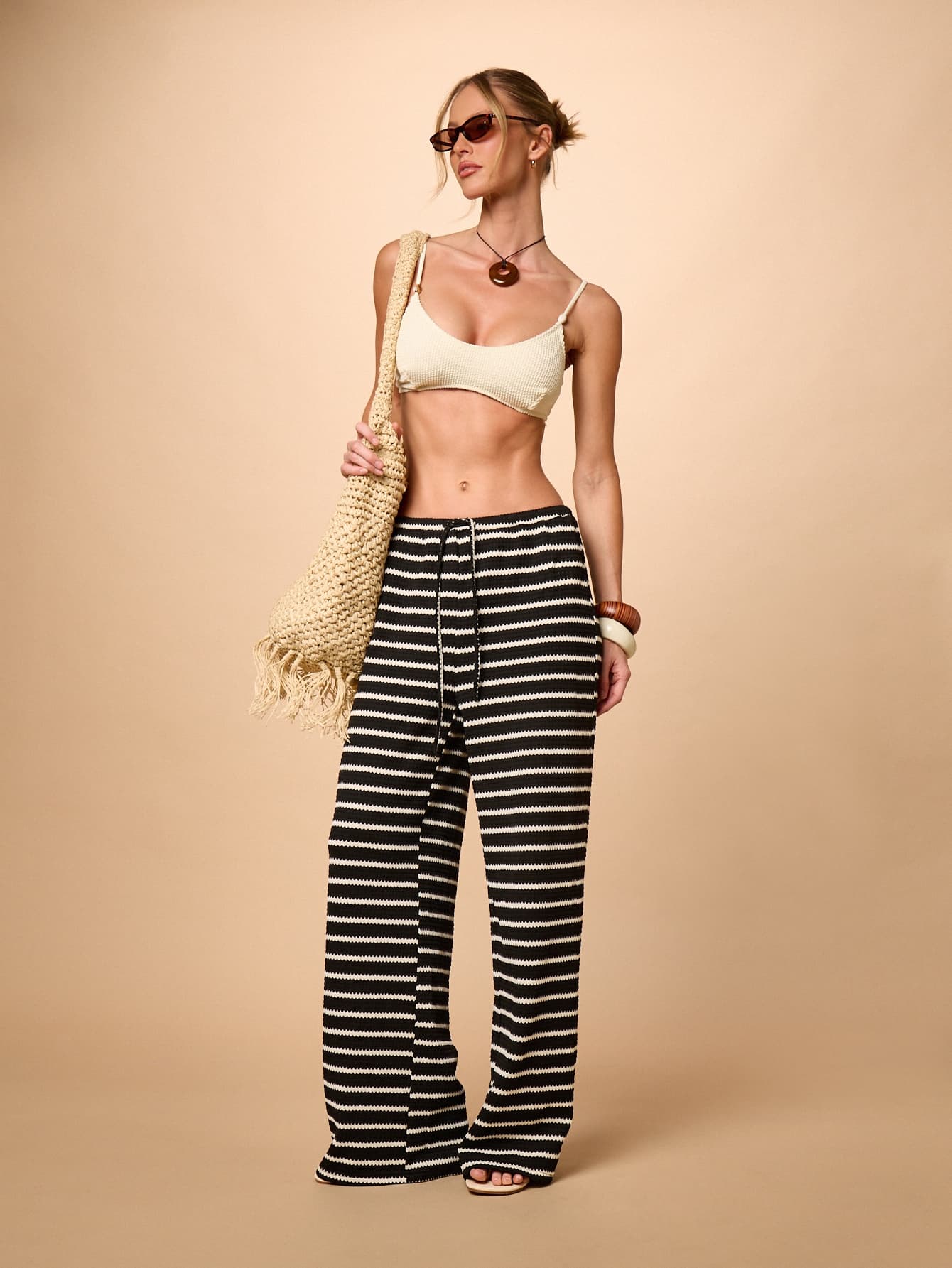 AiiRZ Striped Crochet Wide Leg Drawstring Pants High Rise Relaxed Fit Knit Trousers Casual Summer Elastic Waist