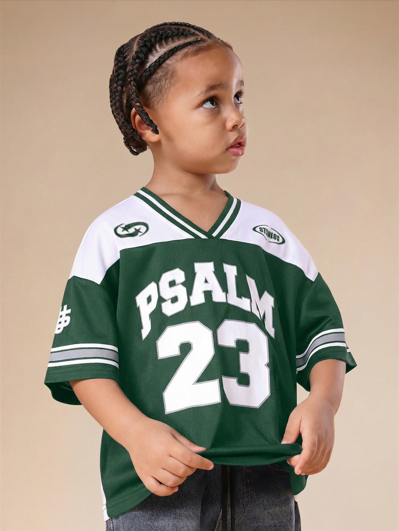 SUMWON Oversized Boys Green White Basketball Jersey Shirt With Psalm 23 Text Print V Neck Short Sleeves Casual Sporty Top
