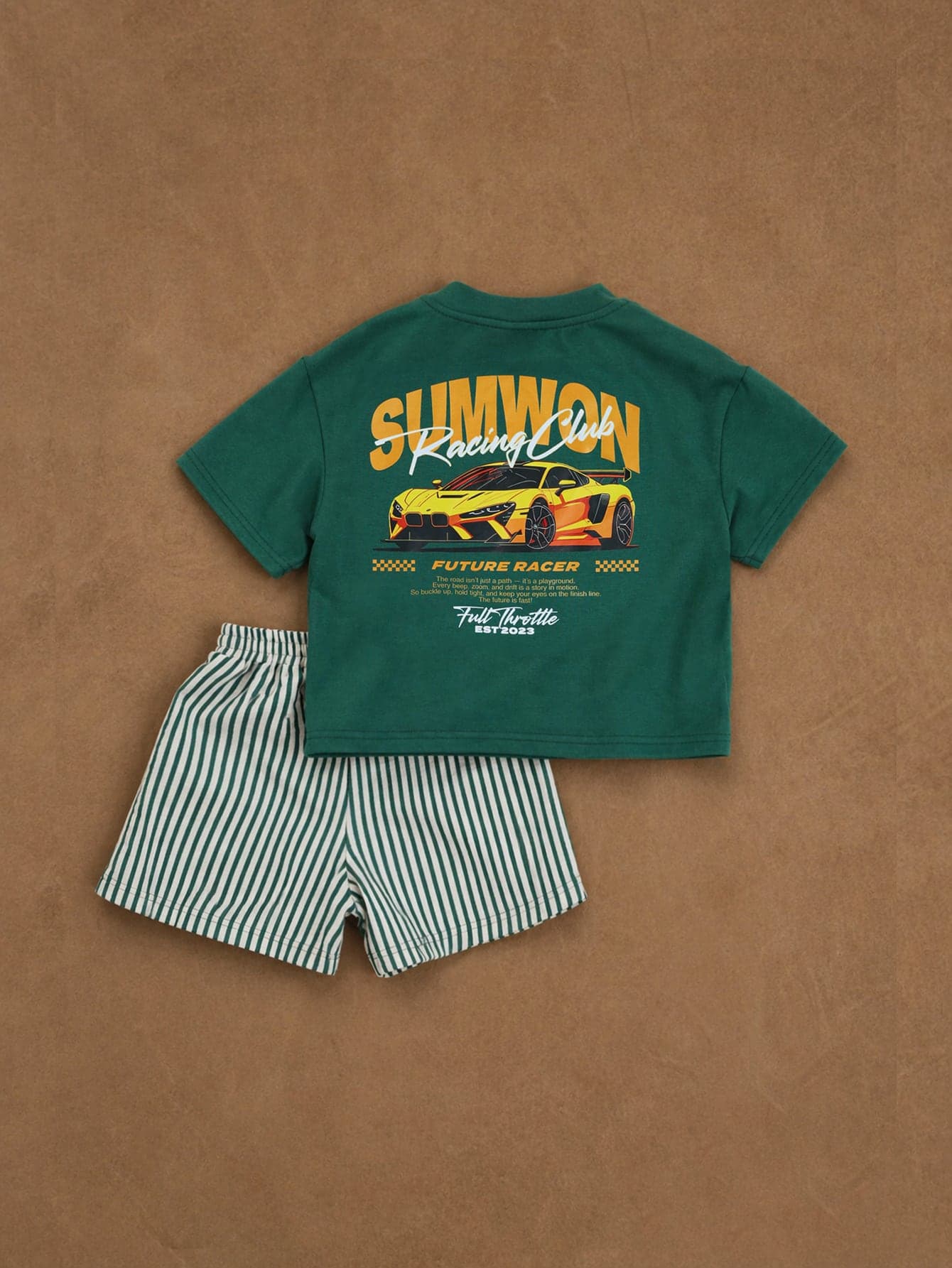 SUMWON Boys Summer Racing Car Print T-Shirt With Striped Shorts Co-Ord Set Green Casual Outfit