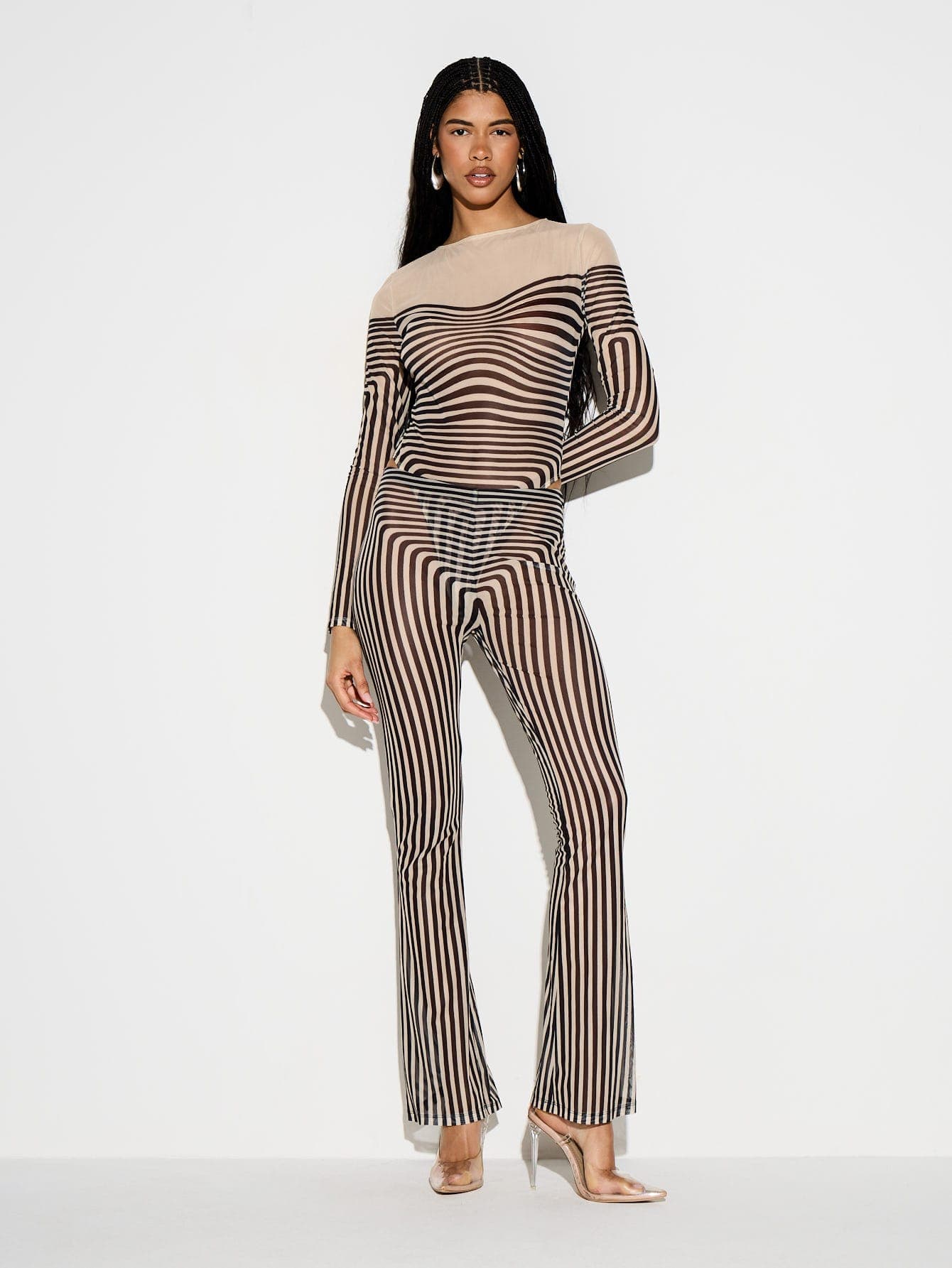 KIZN Beige Mesh Flare Trousers With Vertical Line Print And Semi-Sheer Fabric For Night Out And Party Looks Summer Sexy