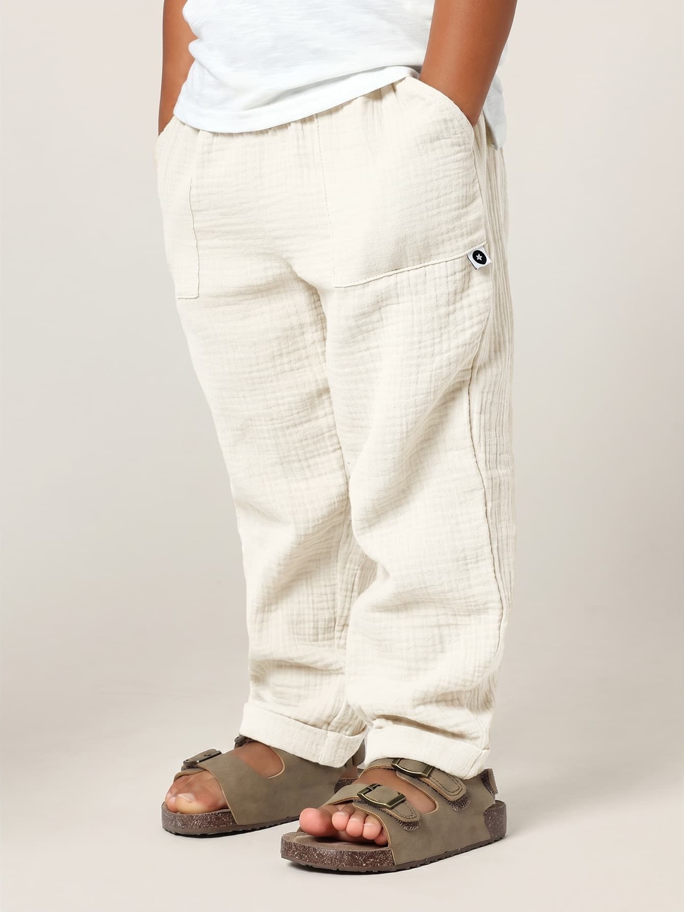 SUMWON Casual Linen Feel Look Relaxed Fit Pants For Toddler Boys With Elastic Waist And Cuffed Hem