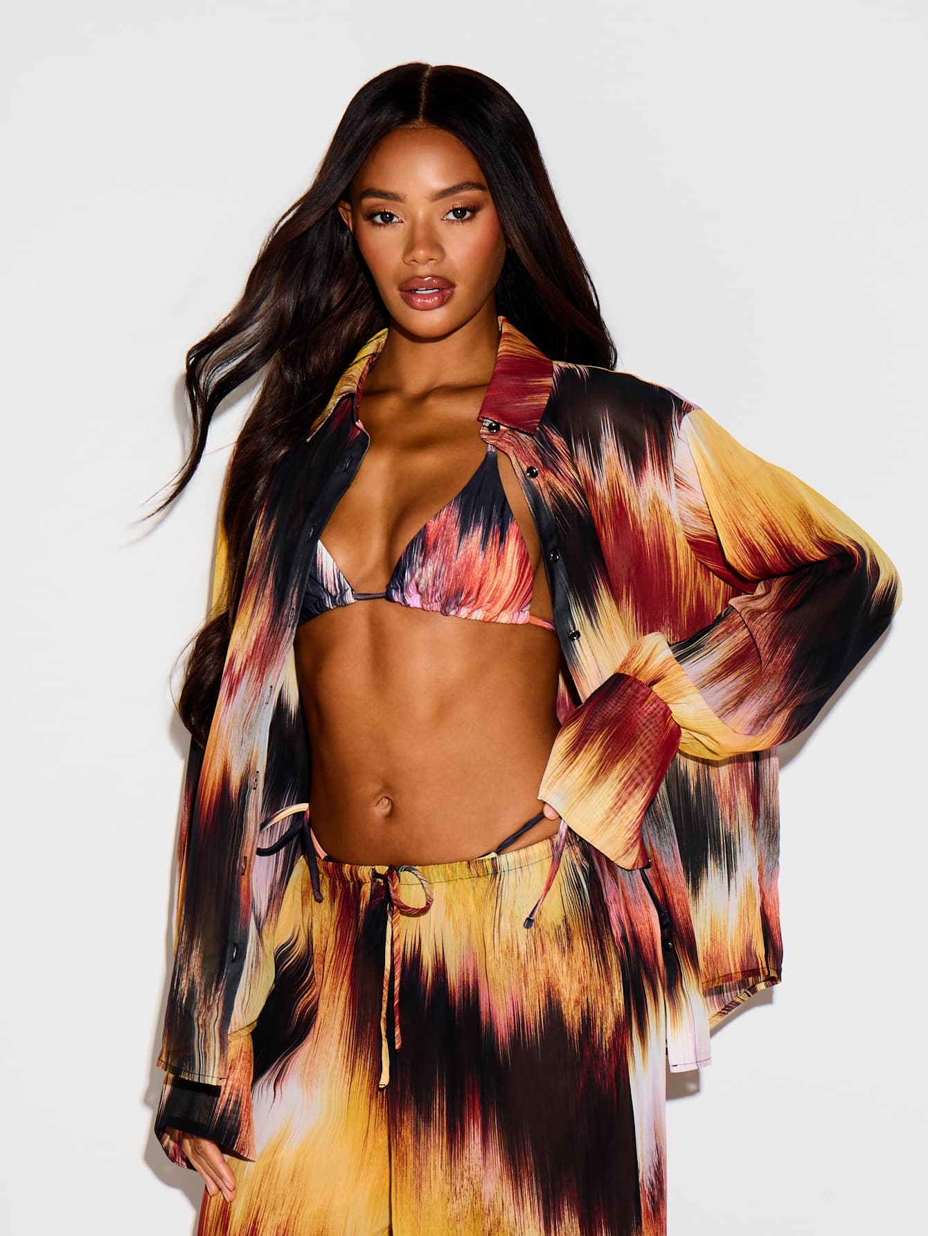 KIZN Ikat Abstract Print Long Sleeve Button-Up Cover-Up Shirt, Beach Vacation Summer Holiday Coverup