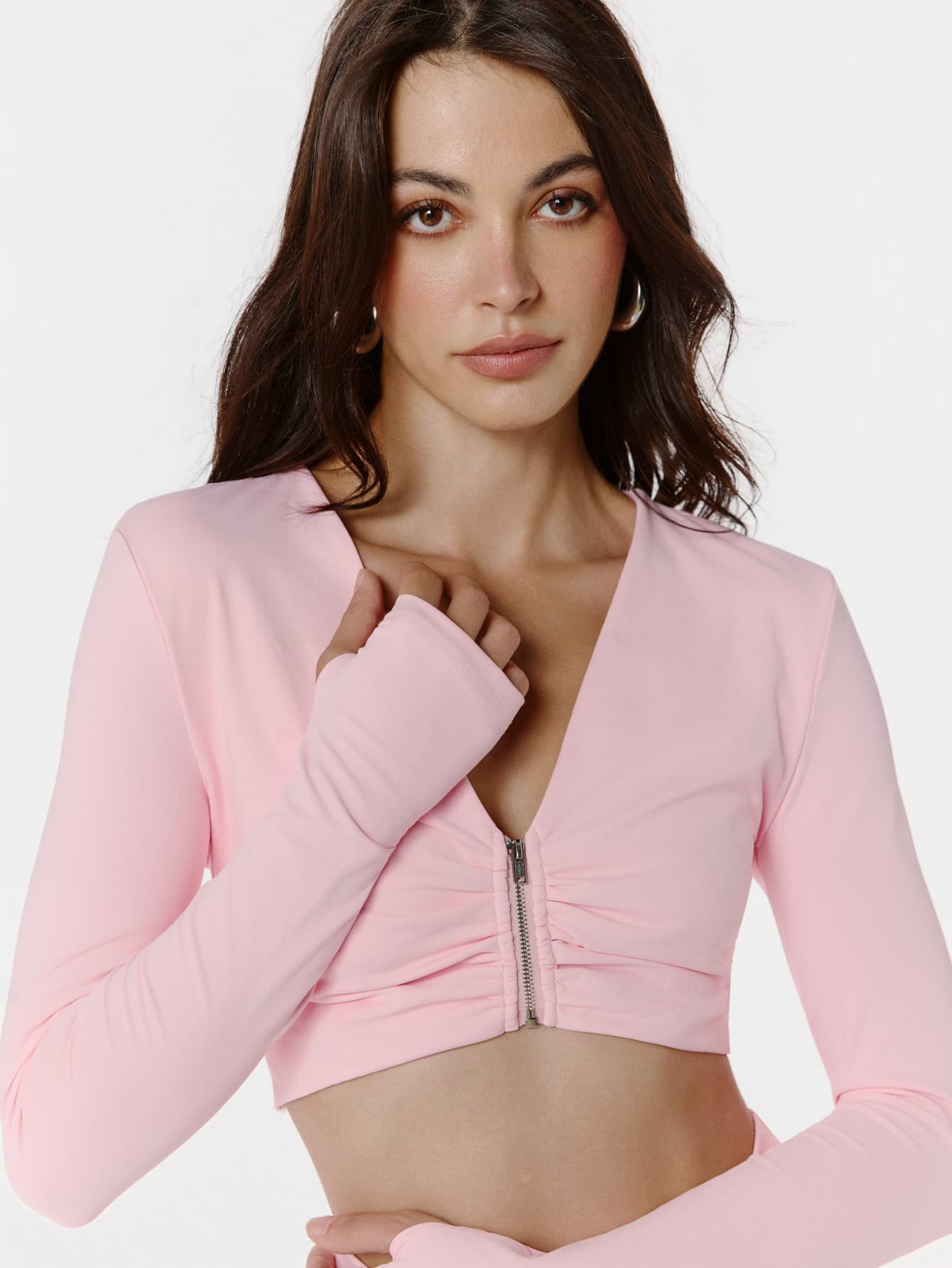 OverBlushhh Women Pink Stretch Sports Crop Jackets With Front Zip With Ruched Detail, Thumb Holes Yoga, Dance, Fitness, Pilates, Casual, Summer