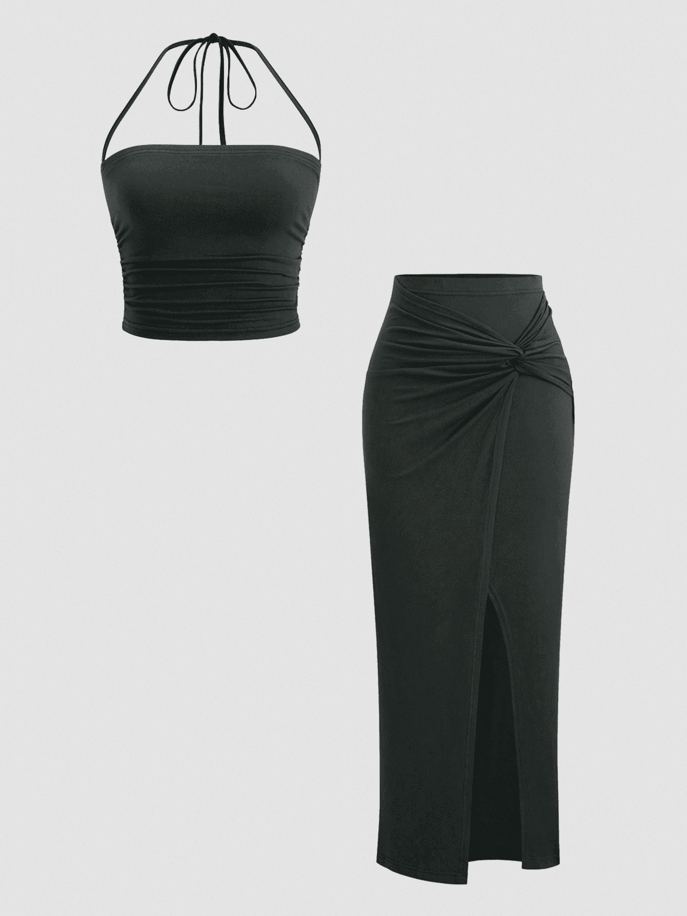 Sweetra Women's Sexy Slit & Twist Waist Halter Top With Gathered Skirt 2 Pieces Set, Spring/Summer
