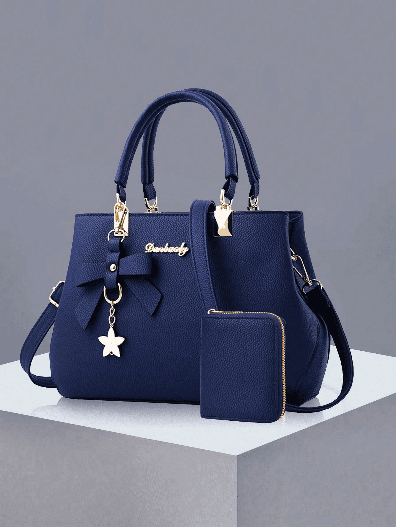2pcs/1pc Women Solid Color Handbag & Wallet Set, With PU Leather & Bow Pendant, Zipper Closure, Great Mother's Day Gift