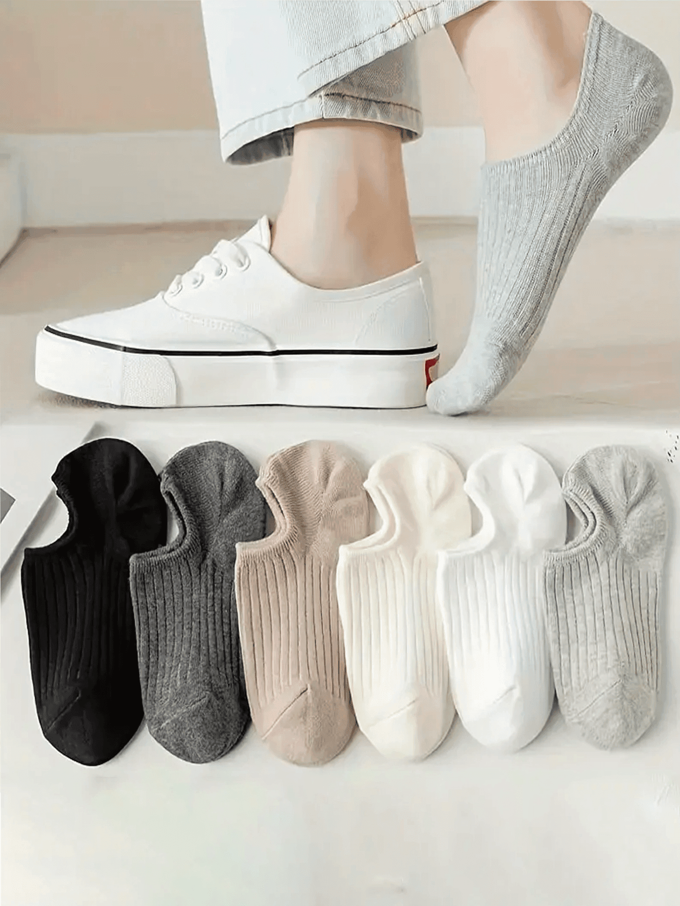 6 Pairs Solid Pinstripe Boat Socks, Simple Comfy & Breathable Socks, Women's Stockings & Hosiery(1/3/6 Pairs)