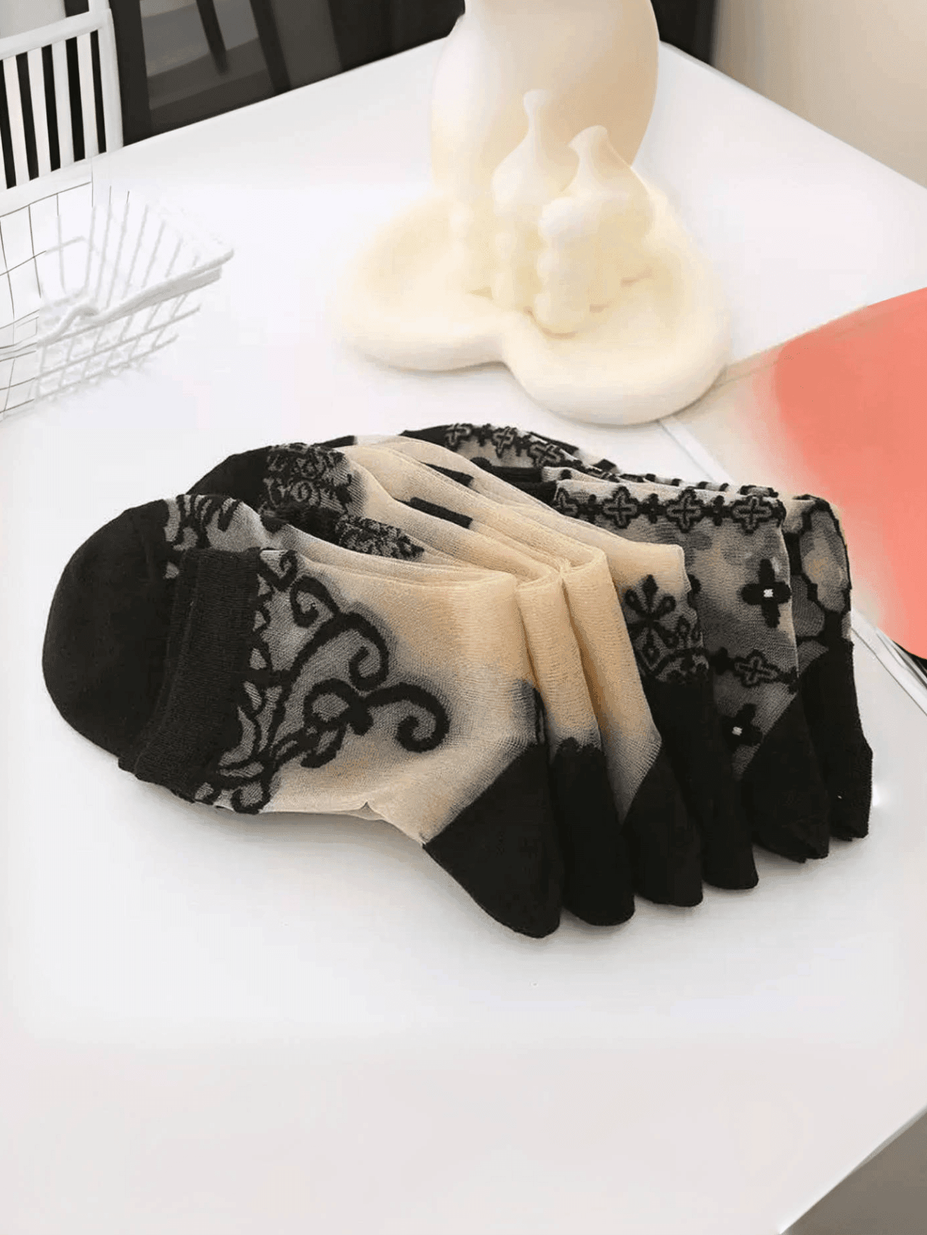 5 Pairs Women's Black Thin Printed Stockings, Soft & Breathable, Durable & Non-Slip, Suitable For Daily Wear