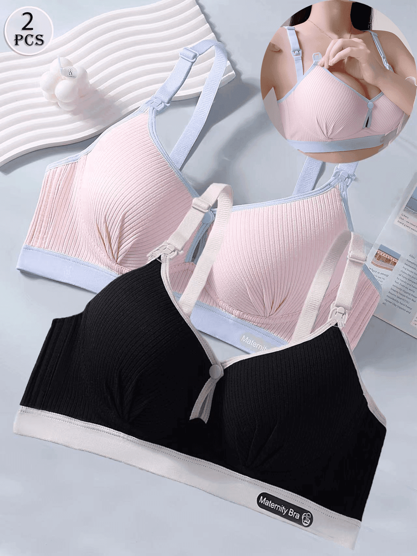 2pcs Wireless Front-Closure Maternity Bras, Comfortable Breathable Anti-Sagging Support Nursing Bras, Suitable For Pregnant And Postpartum Women, Easy-Open Breastfeeding Bras