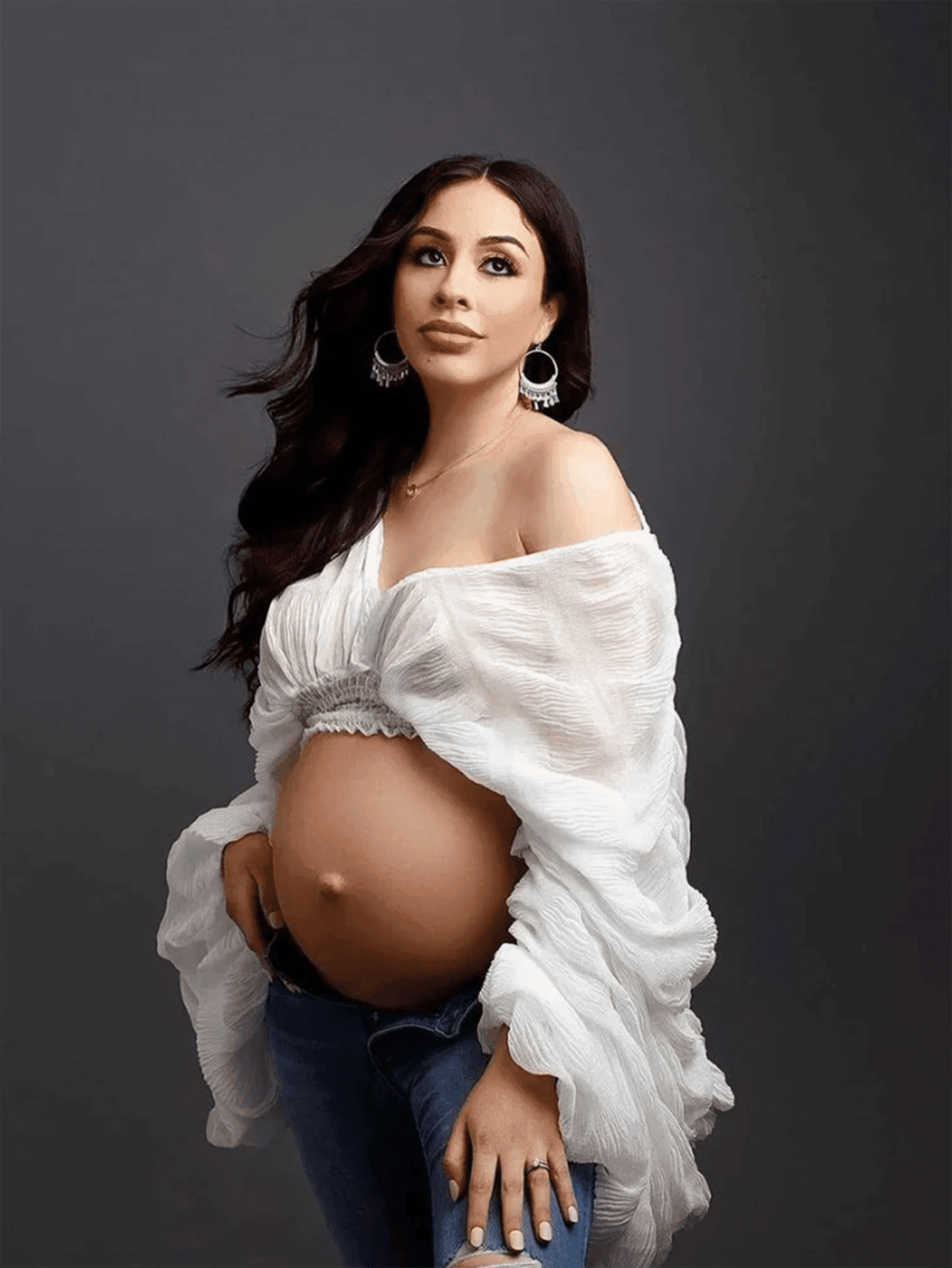 Maternity Pleated Chiffon Puff Sleeve Sheer Blouse, Suitable For Photography White