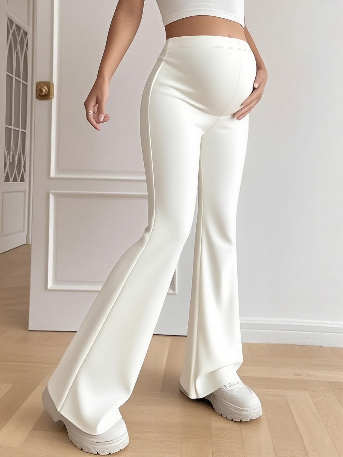 Women's Solid Color High Waist Stretch Casual Maternity Flare Pants, Women's Clothing, Women's Maternity Pants White