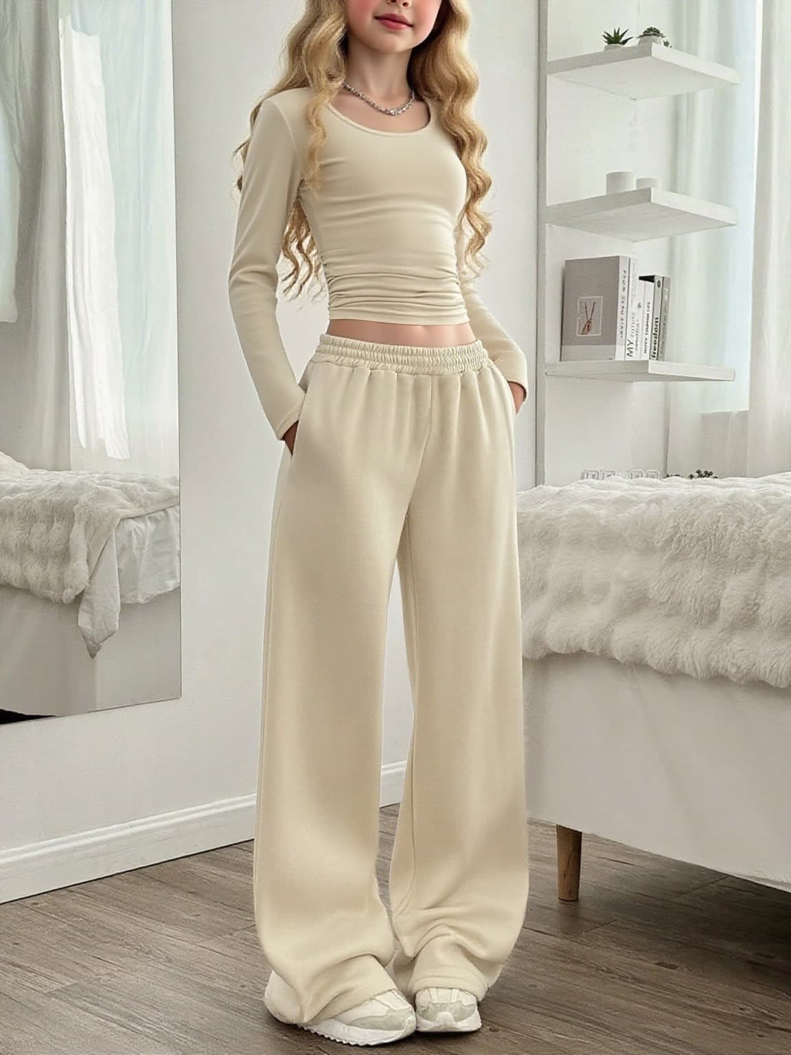 Tween Girl Casual Pleated Round Neck Solid Color Cropped Top And Wide Leg Pants Elegant Set, Size Runs Small