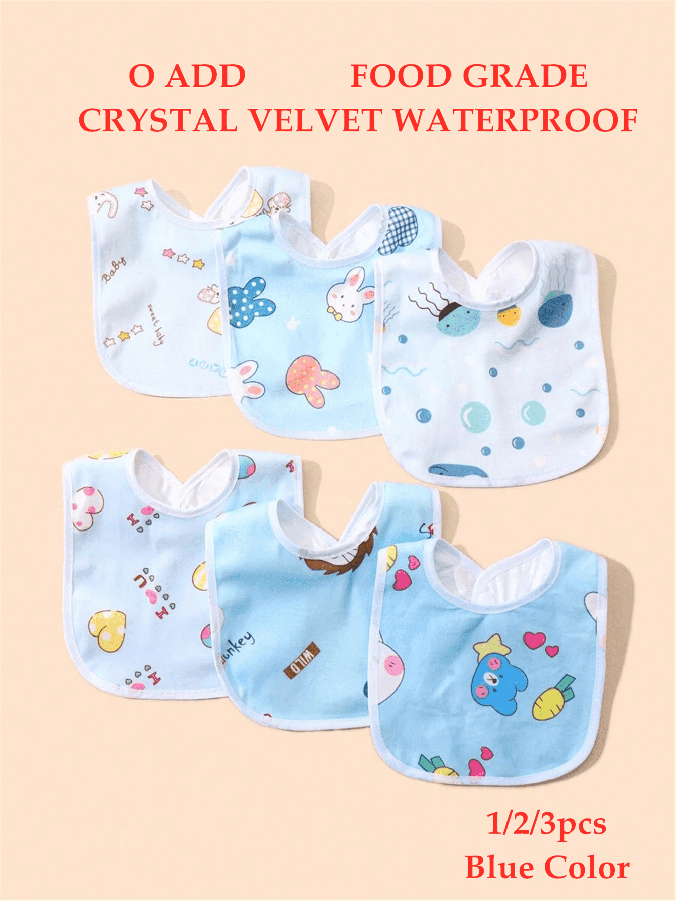 1/2/3pcs Blue Random Pattern Candy Color Baby Bibs, Suitable For Daily Use, Cartoon Print Waterproof Baby Bibs, Suitable For All Seasons, Baby Boy Triangle Bibs, Cute Animal Patterns