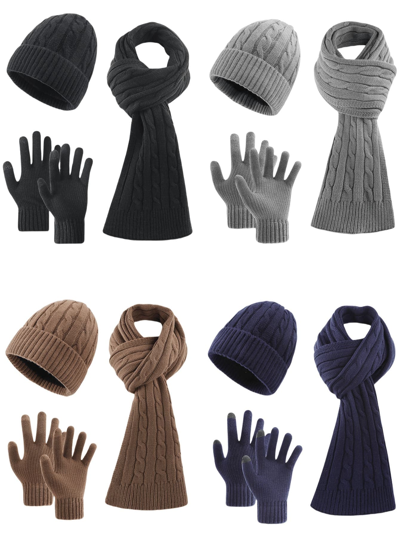 3pcs Men's Minimalist Solid & Striped Knit Hat, Scarf, Fingerless Gloves Set, Soft Thermal Lined, Warm & Windproof, Suitable For Autumn/Winter Outdoor, Sports, Casual Fluffy