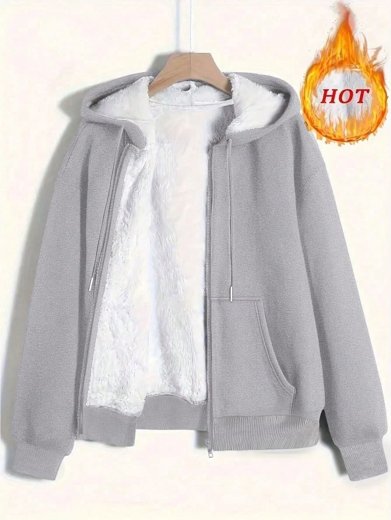 Plus Size Women Solid Color Fleece Zip-Up Jacket, Basic Style, Warm For Autumn/Winter