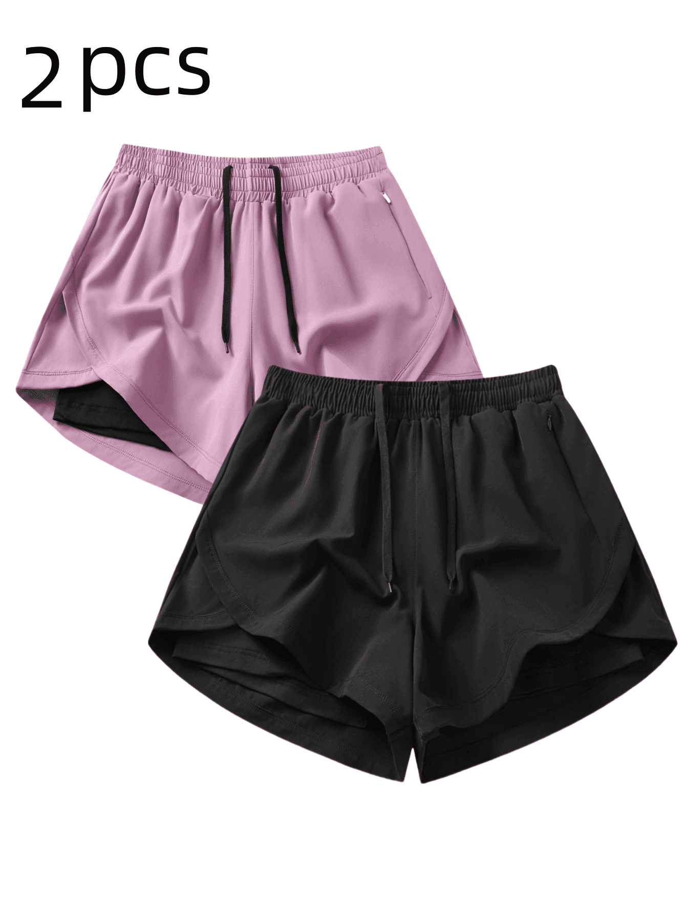 2pcs/Set (2-In-1) Women's Athletic Shorts | Quick-Dry Polyester & Spandex Blend | Breathable, Lightweight | Adjustable Elastic Waistband | Suitable For Fitness & Casual Wear | Machine Washable | Multi-Season Comfortable, Active Lifestyle Apparel | Functional Design Shorts | Adjustable Comfortable Shorts | Gym, Yoga, Running Pants Black Summer Sports