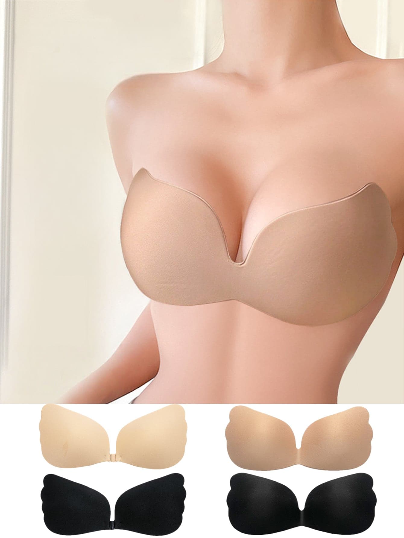 ideaCCSZ 1pc/2pcs Pack, One-Piece Invisible Push-Up Bra, Strapless Backless Self-Adhesive Women's Bra, Adhesive Bra Suitable For Wedding Dress, Evening Gown, Bikini, Strapless Evening Dress, A/B/C/D/E/F Cup, Plus Size Summer Strapless Breast Pads Women's Intimate Lingerie