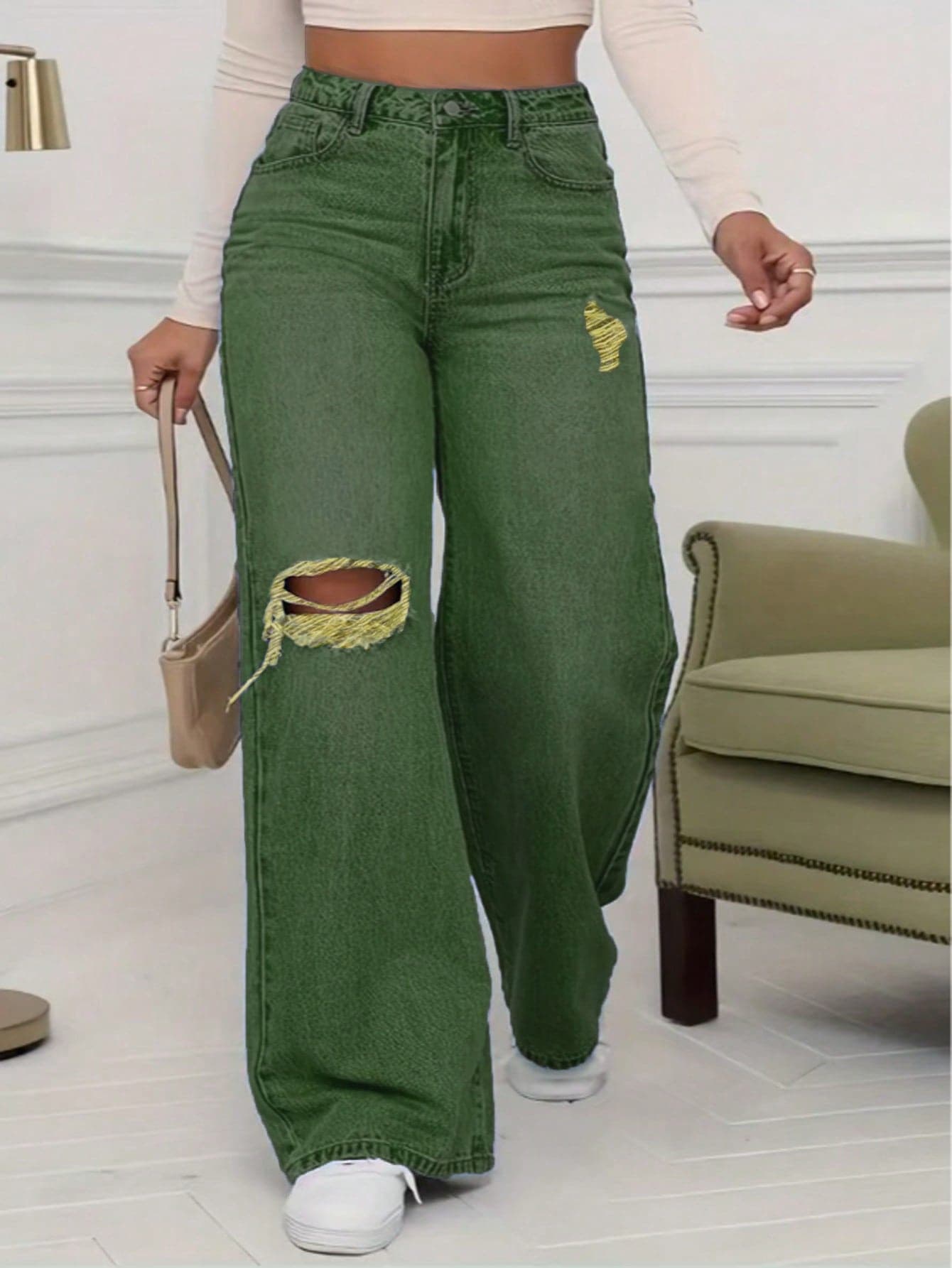 High Quality Casual Distressed Pocket Design Wide Leg Jeans Spring