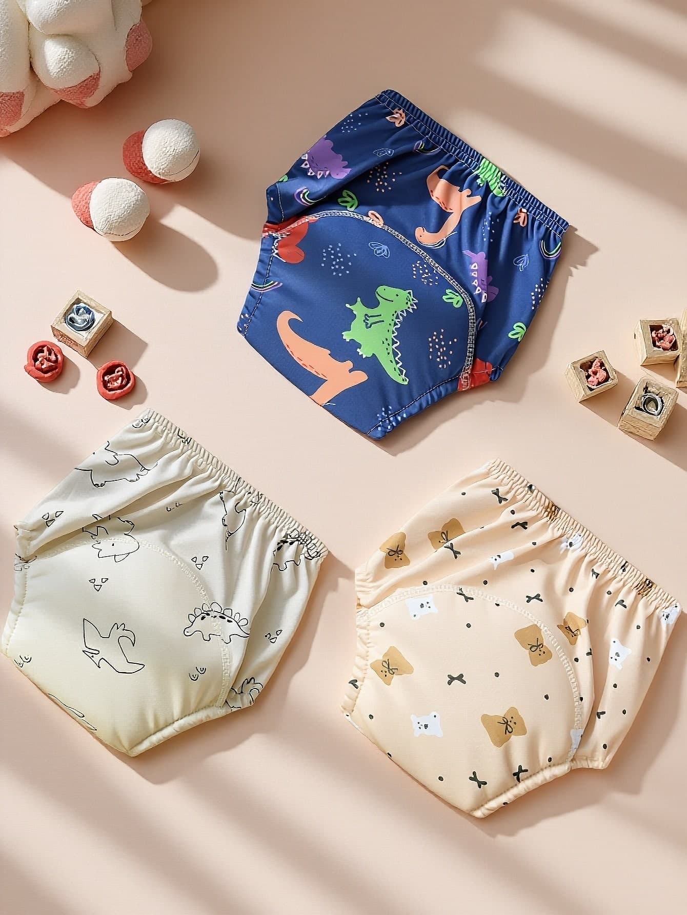 3pcs/Pack Boys Cartoon Dinosaur & Bear Potty Training Diapers, Simple & Cute All-Over Print, Daily Home Use Baby Diapers (Size Runs Small, Please Order One Size Up Based On Your Needs)