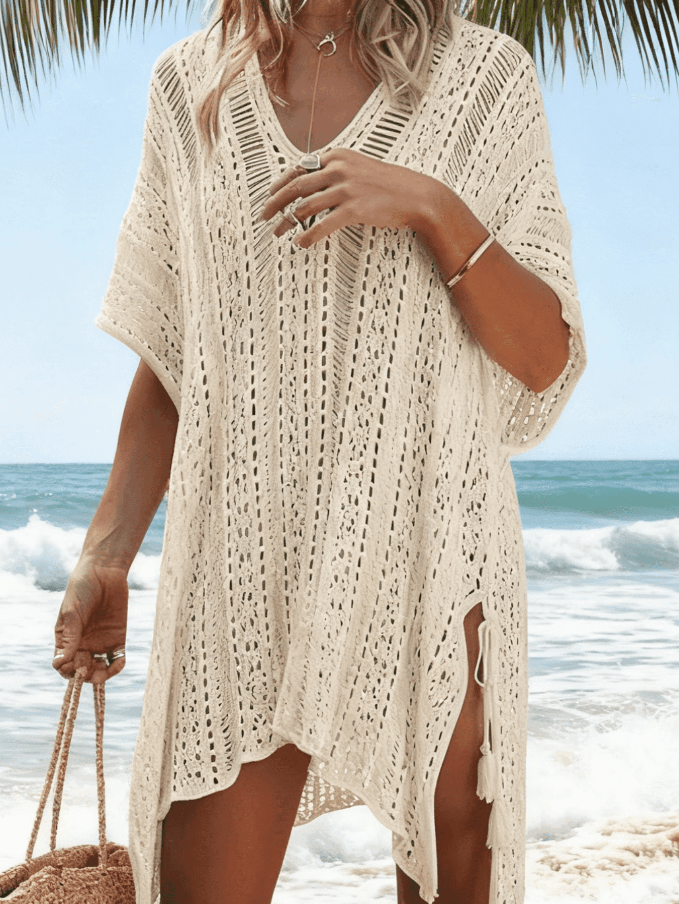 Summer Beach Vacation Outfit, Bikini Cover-Up, Loose Knit Hollow Out Crochet Beach Outerwear For Women, Sun Protection, Hot Spring Swimsuit Cover-Up, (Bohemian), (Vacation), (Casual) Swimwear (Clothing Size Runs Large, Suggest Ordering One Size Smaller)
