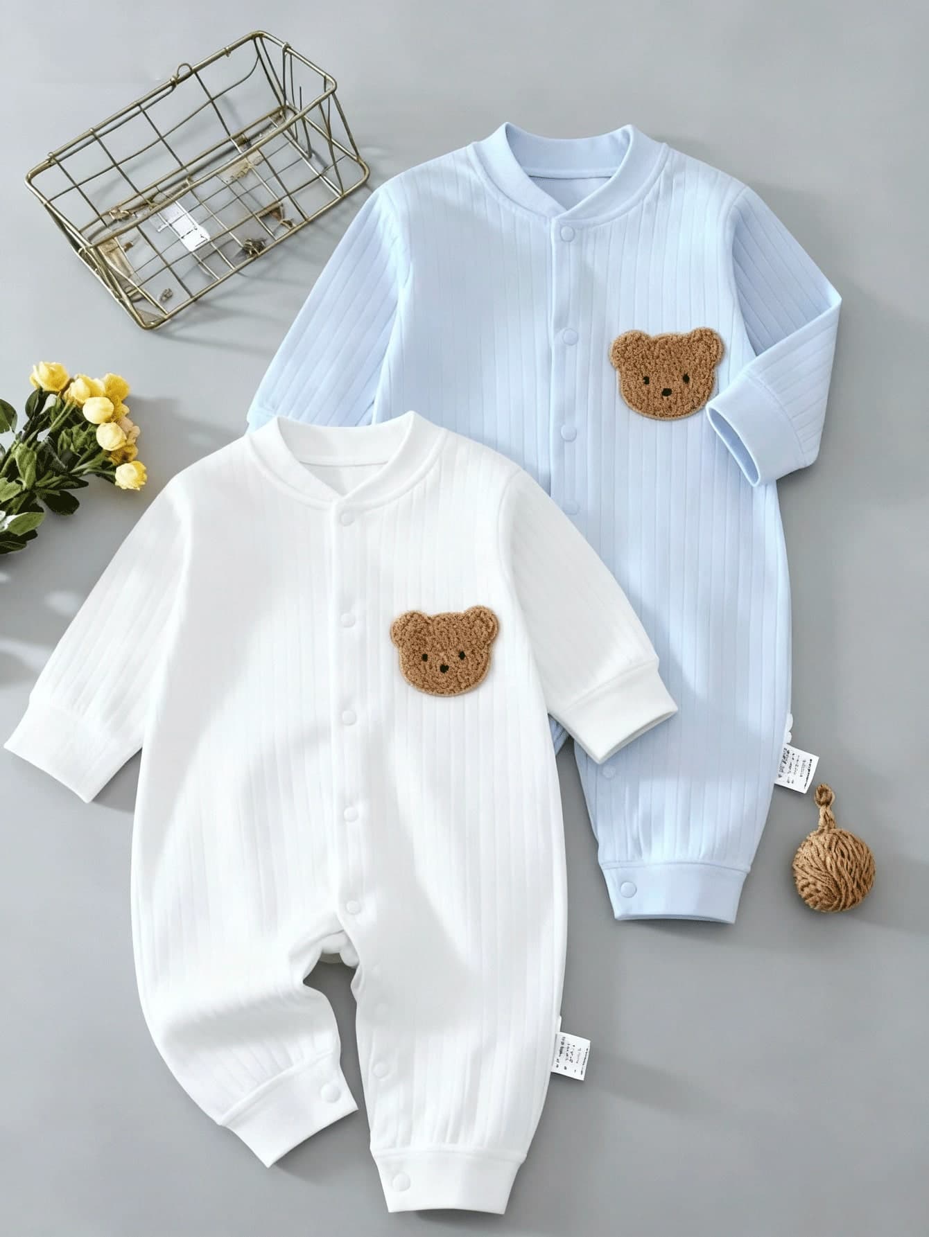 2pcs Baby Jumpsuit, Blue & White Embroidered Bear Pattern, Newborn , Suitable For All Seasons