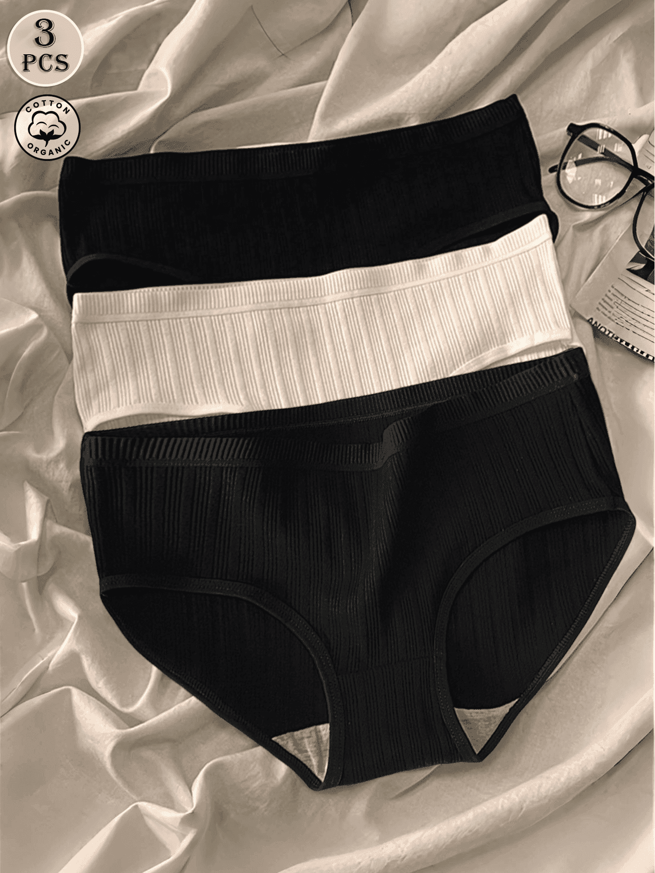 3 Packs Women's Cotton Blend Triangle Panties, 95% Cotton + 5% Spandex, Mid-Rise Breathable Daily Underwear, Asian Sizing