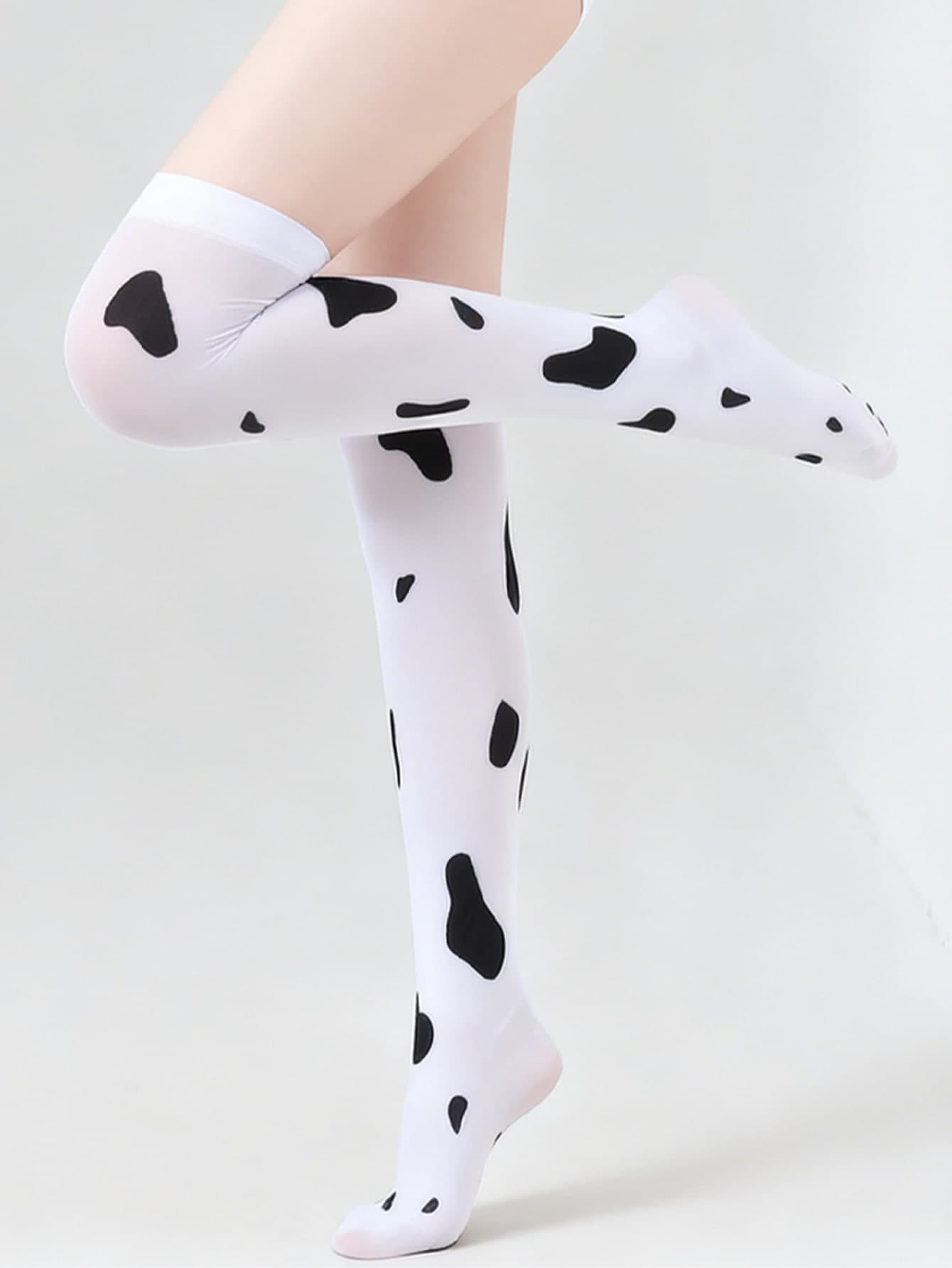 1 Pair - Women's Thigh High Socks, Cow & Sheep Print, Cosplay Stockings, Cute Cow Spot Print Pantyhose, Sexy Cow Spotted Over-The-Knee Socks, Animal Series Thigh High Socks