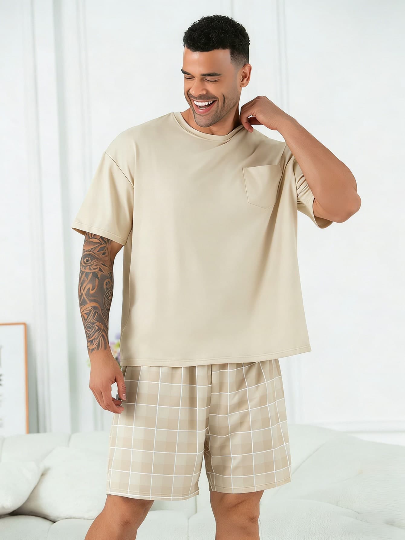 2pcs/Set Plus Size Men's Casual Loose Plaid Short Sleeve T-Shirt And Shorts Pajama Set, Suitable For Spring/Summer