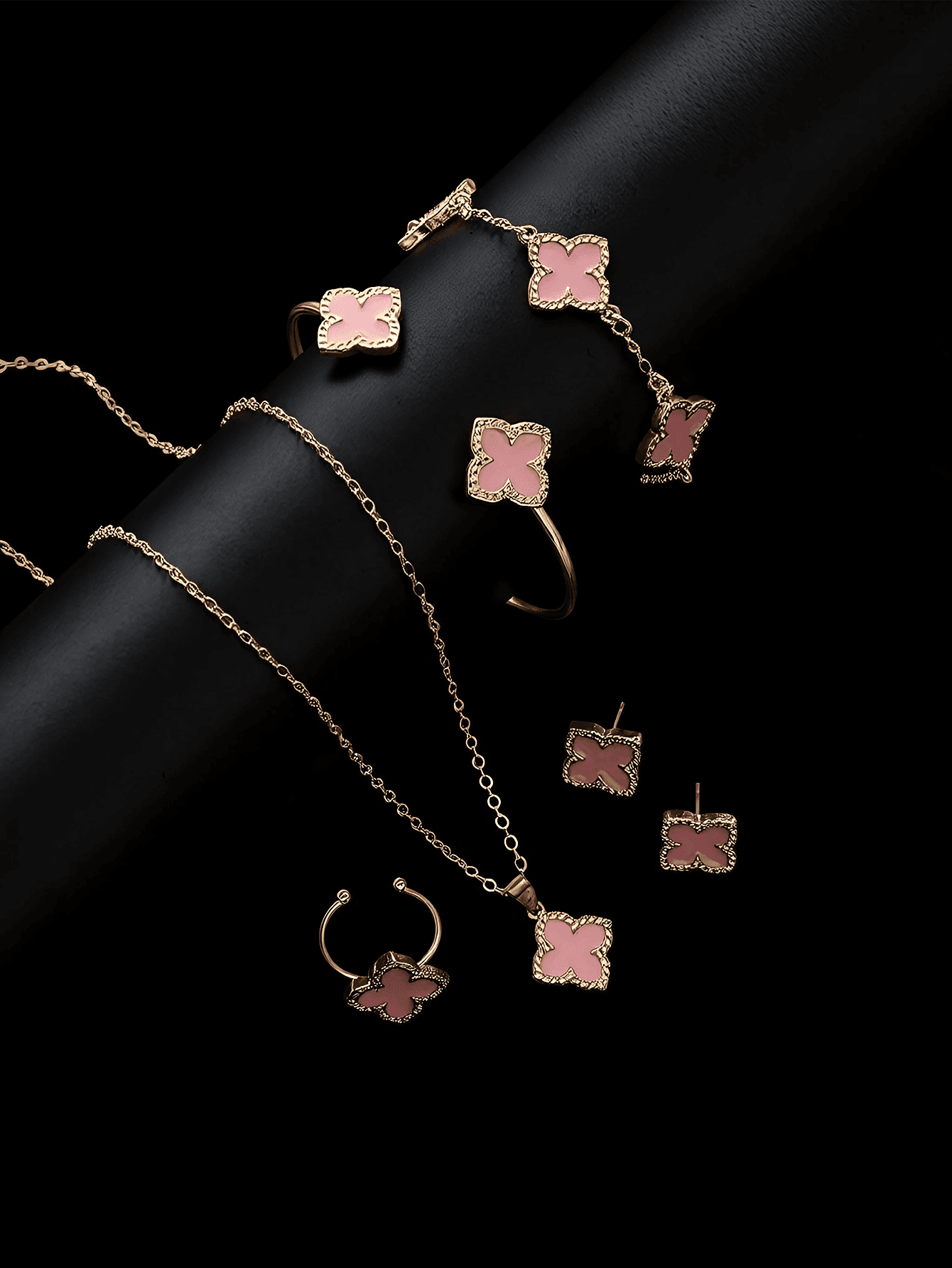 6pcs/Set Necklace, Bracelet, Earrings, Ring, Lucky Flower Necklace, Gold Earrings, Gold Ring, Gold Necklace, Gold Bracelet, Gold Bangle, Girl Jewelry Set, Suitable For Back To School, Gatherings, Holidays