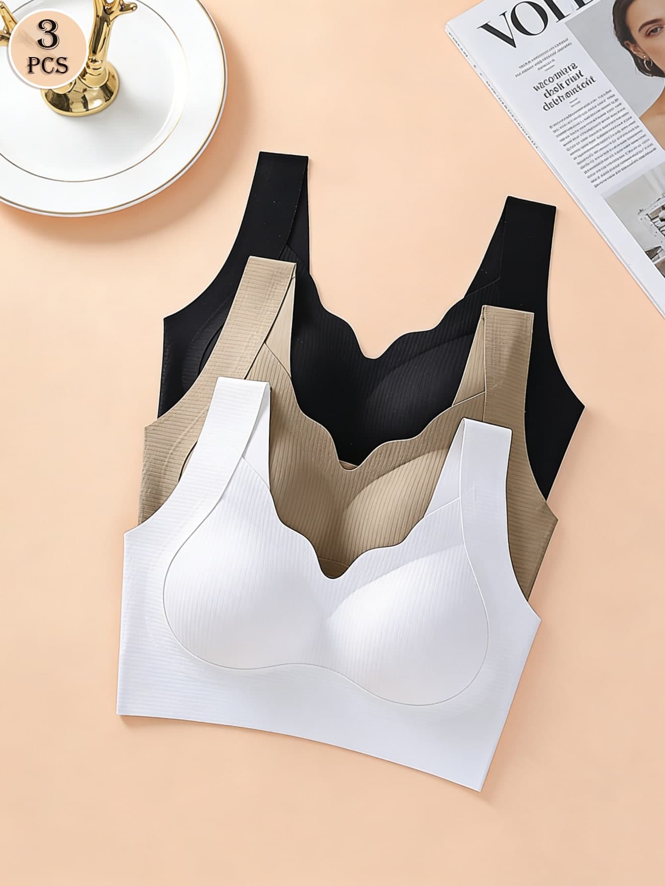 3pcs Women's Solid Color Seamless Wavy Trim Wireless Breathable Comfort Bras
