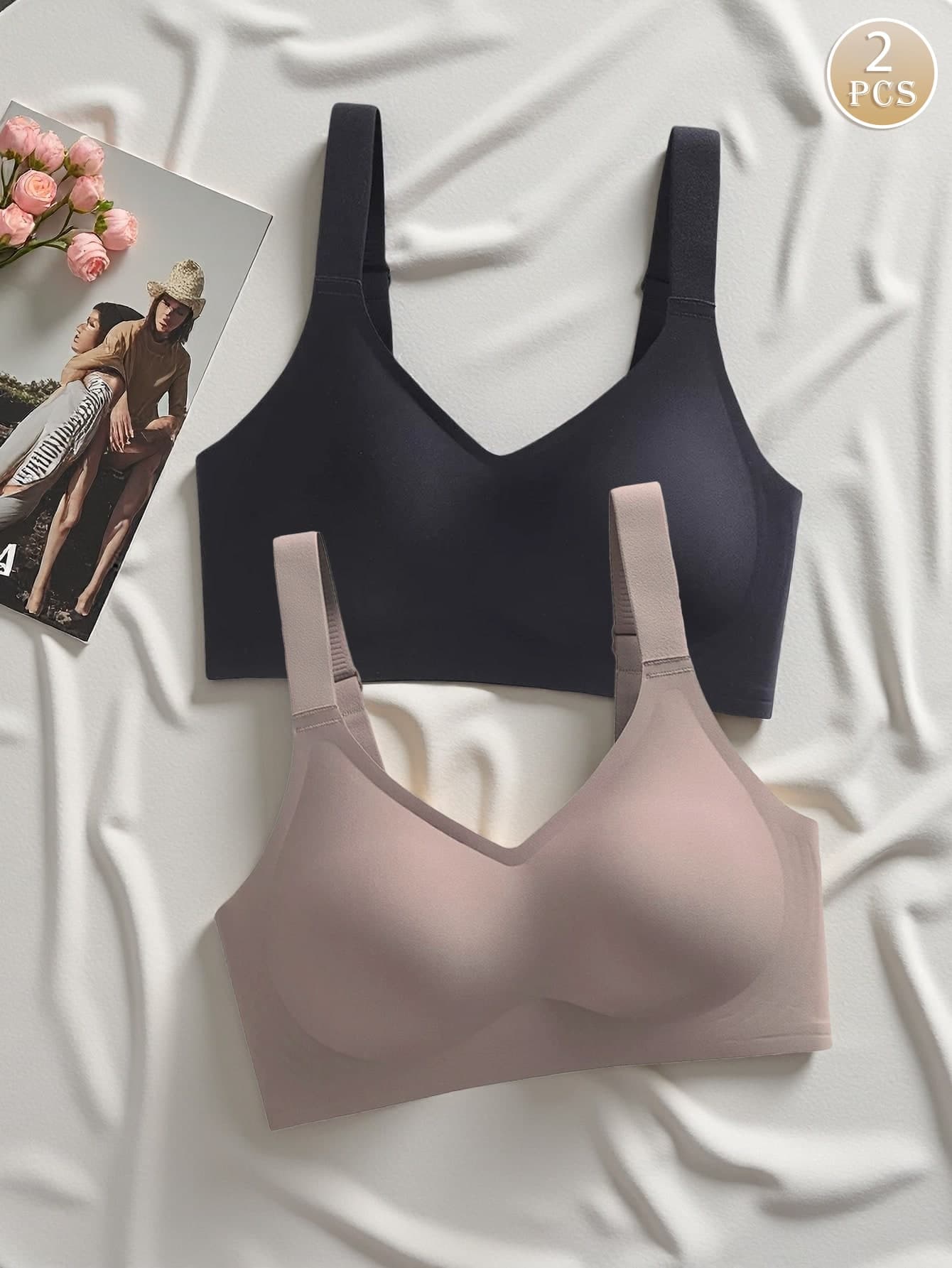 2pcs/Set Simple Comfortable Sports Bras For Women, Wire-Free Solid Color Underwire Bras