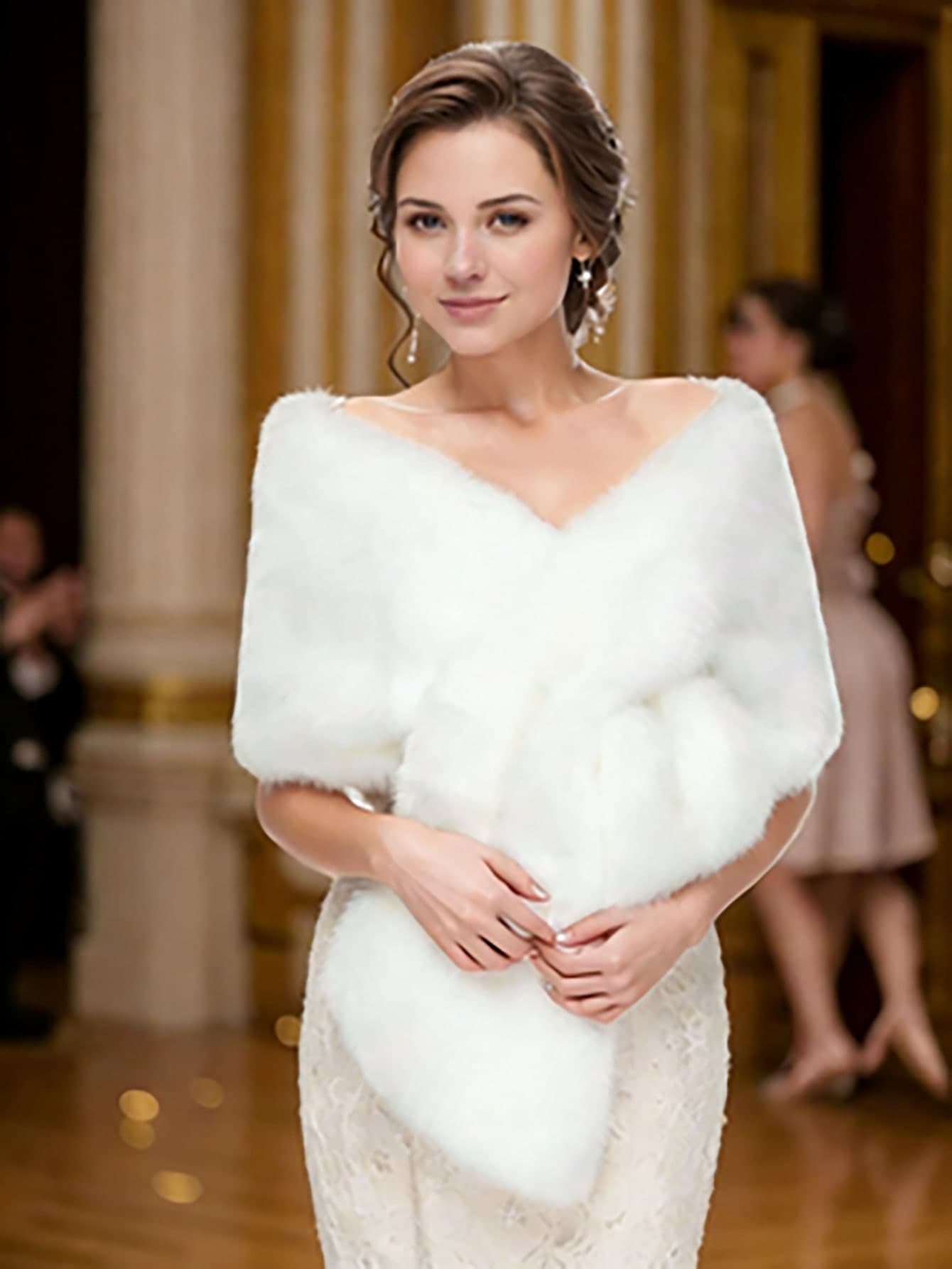 1pc Fashionable & Elegant Women's Outdoor Fluffy Faux Fur Shawl, White Fur Shawl For Winter Bride Wedding, Suitable For Bridal Wedding, Party, Ball, Black