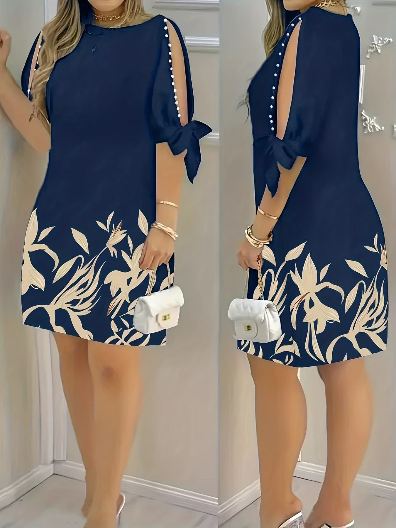 Floral Print Ruffle Sleeve Faux Pearl Embellished Women's Spring/Summer Dress, Suitable For Spring Break, Casual Daily Wear, Home, And Various Gatherings Elegant