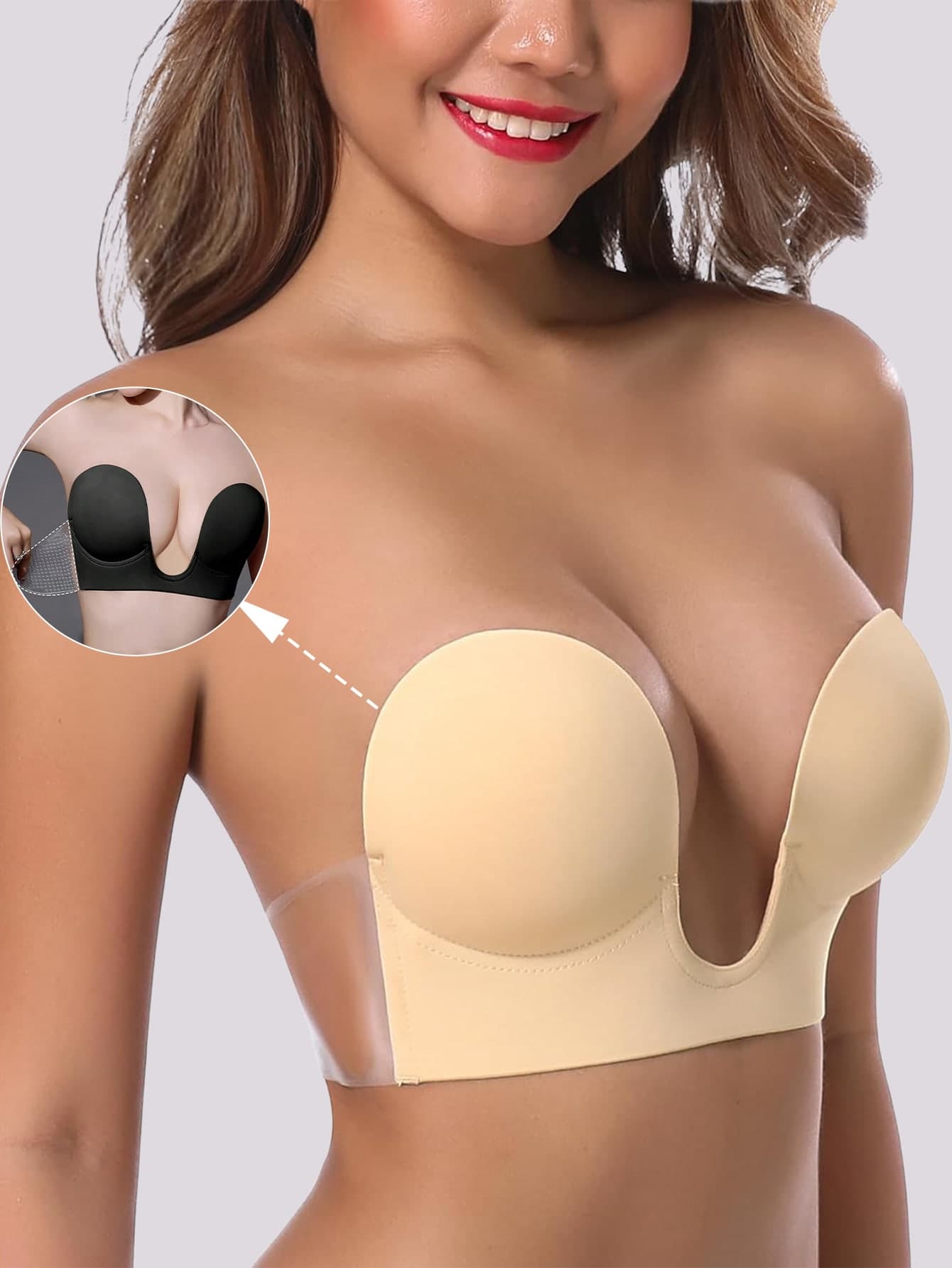 1pc U-Shape Self-Adhesive Bra For Women, Single-Sided Adhesive, Invisible & Seamless, Lightweight & Comfortable, Side Support, Strapless Lift, Solid Self-Adhesive Bra, Includes 10pcs Non-Woven Flowers