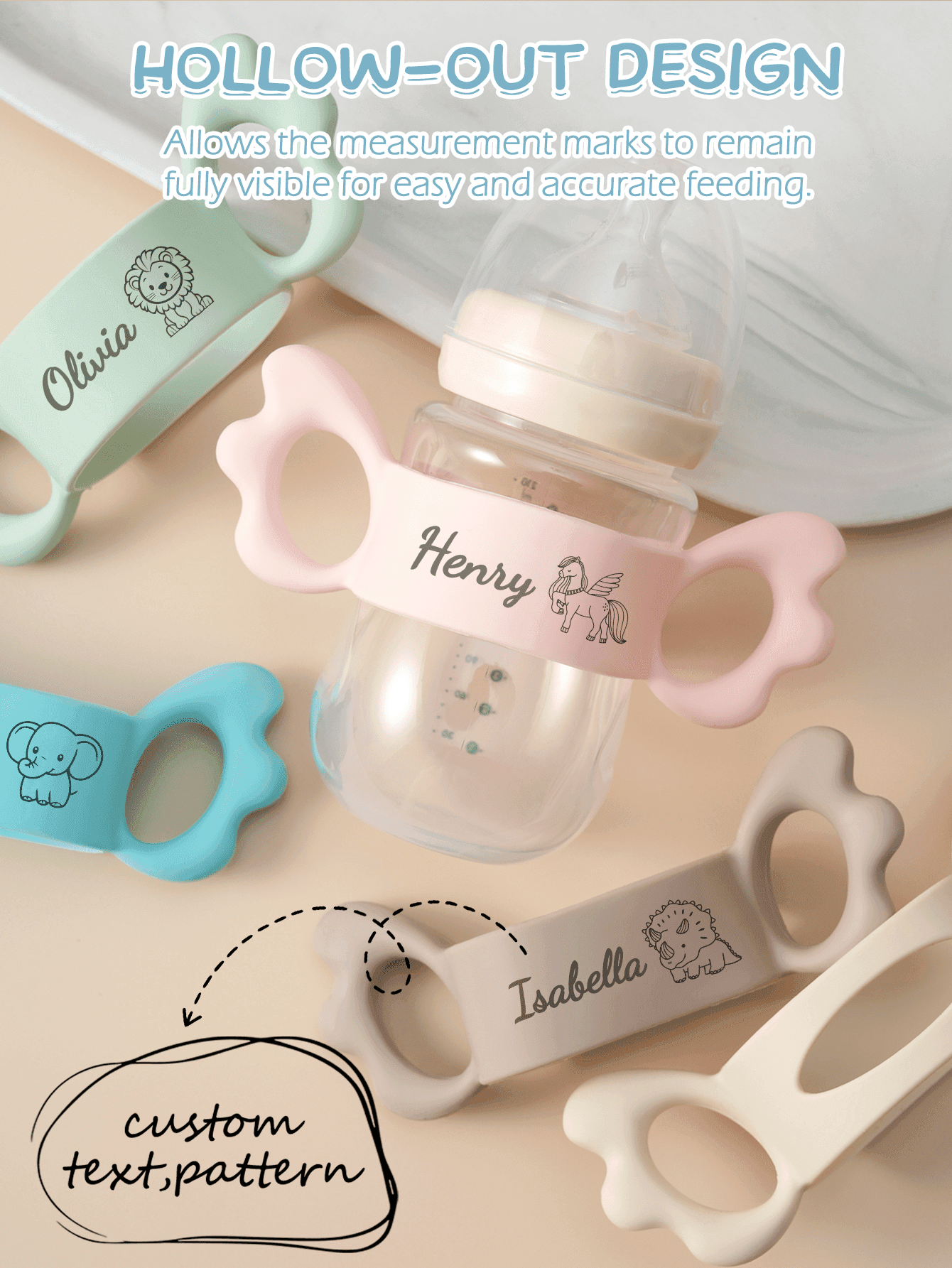 1pc Print On Demand Debossed Silicone Wings Baby Bottle Cups Cover Baby Bottle Handle Grip Sleeve With Partial Protection, Anti-Slip Baby Essentials