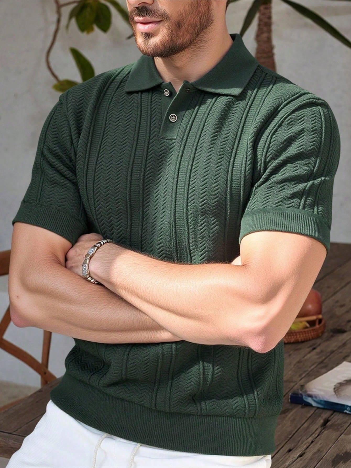 Men's Casual Knit Polo Shirt, Breathable Green Knit Sweater, Regular Fit, Short Sleeve, Classic Polo Collar