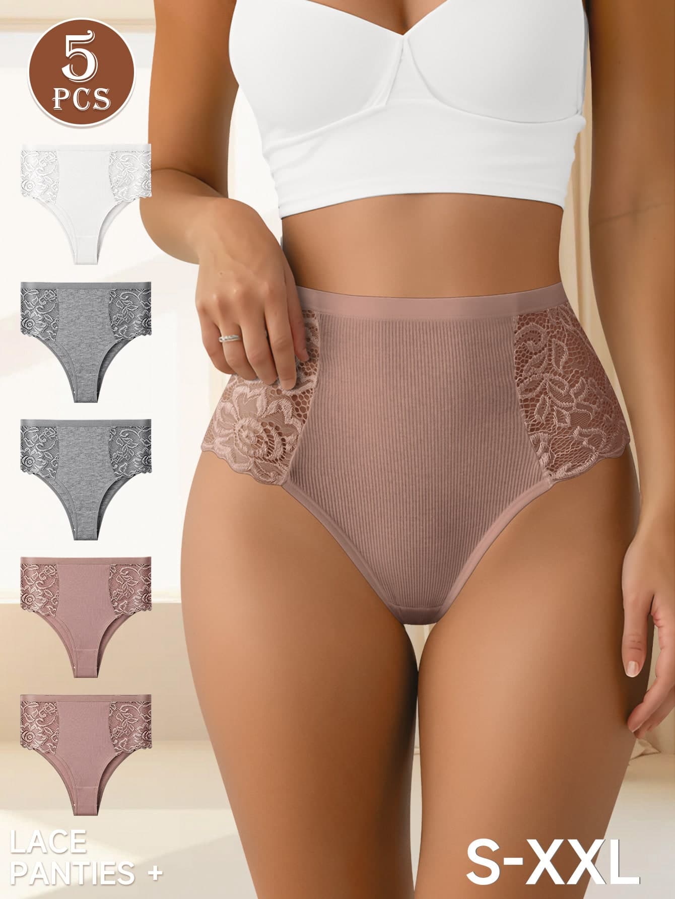 QUASTI 5pcs Women High Waist Lace Print Breathable Mesh Soft Elastic Briefs, Comfortable Skin-Friendly, Ideal Gift Choice