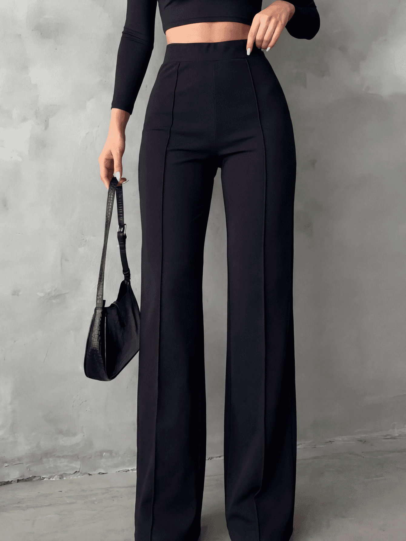 Plus Size Black High Stretch Straight Leg Pants With Zipper Design