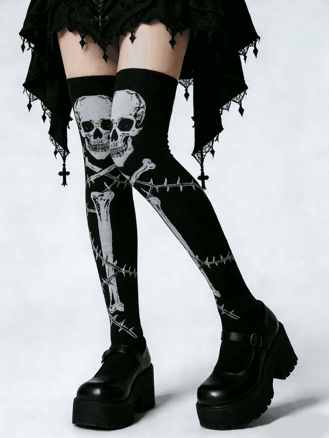1 Pair Women's Gothic Skull & Thorn Print Over-The-Knee Socks, Y2K Sweet And Sexy Thigh High Socks, Street Style Stockings For JK Lolita Cosplay
