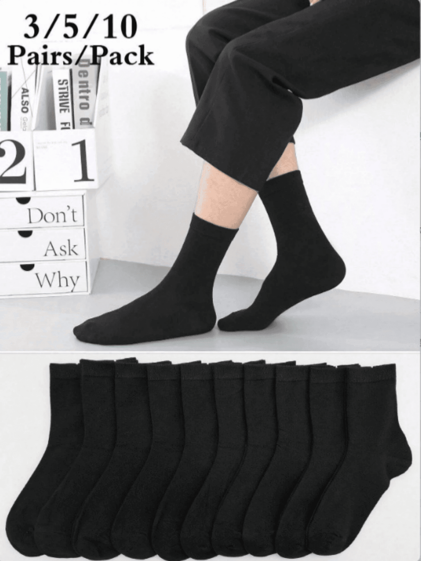 3/5/10 Pairs Men's Mid-Calf Socks, Solid Black And Navy Blue, Casual And Formal High-Waist Long Socks