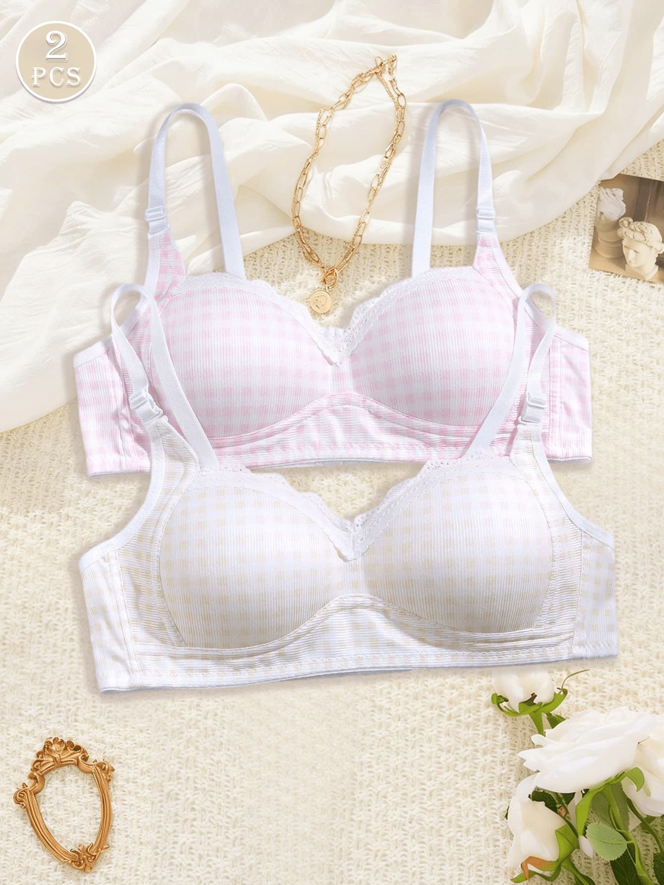 2pcs Women's Cute Plaid Print Wireless Padded Bra, Sweet Lace Trim Wireless Bra Suitable For Small Bust Daily Wear