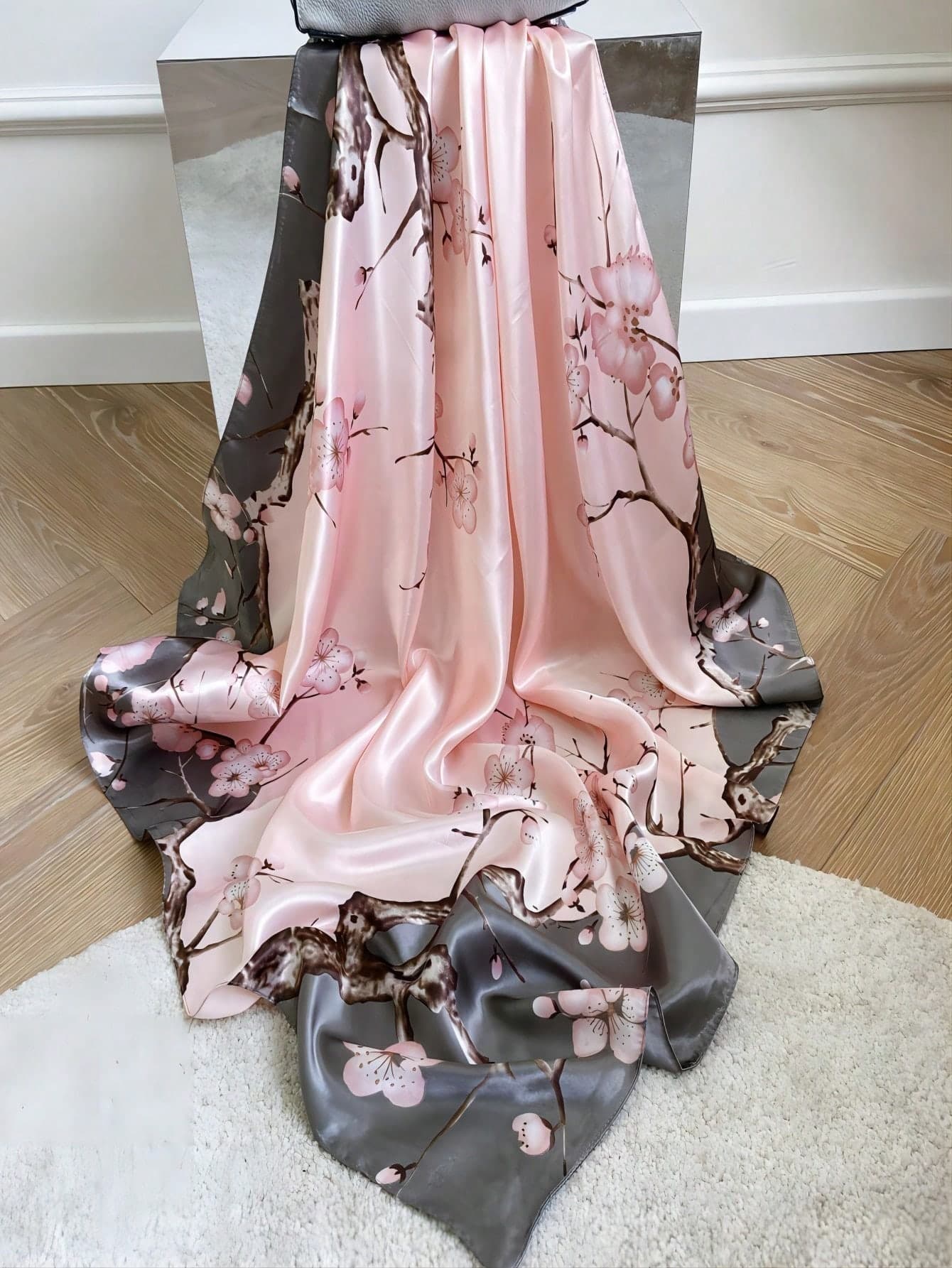 1pc 90cm Square Scarf Spring And Summer New Bright Tinted Printed Lady Silk Scarves Satin Silk Smooth Sunscreen Shawl Scarf,Accessories,Holiday
